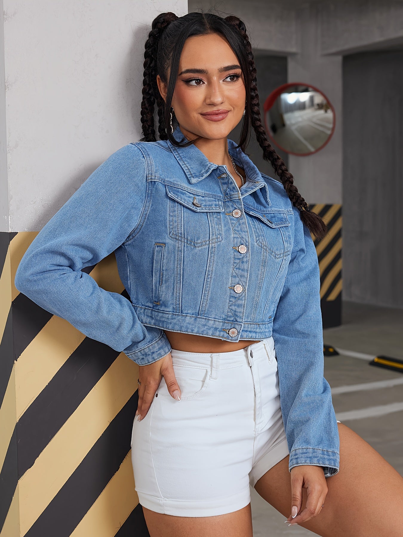 vlovelaw  Blue Long Sleeves Denim Jackets, Single Breasted Button Lapel Crop Denim Coats, Women's Denim Clothing