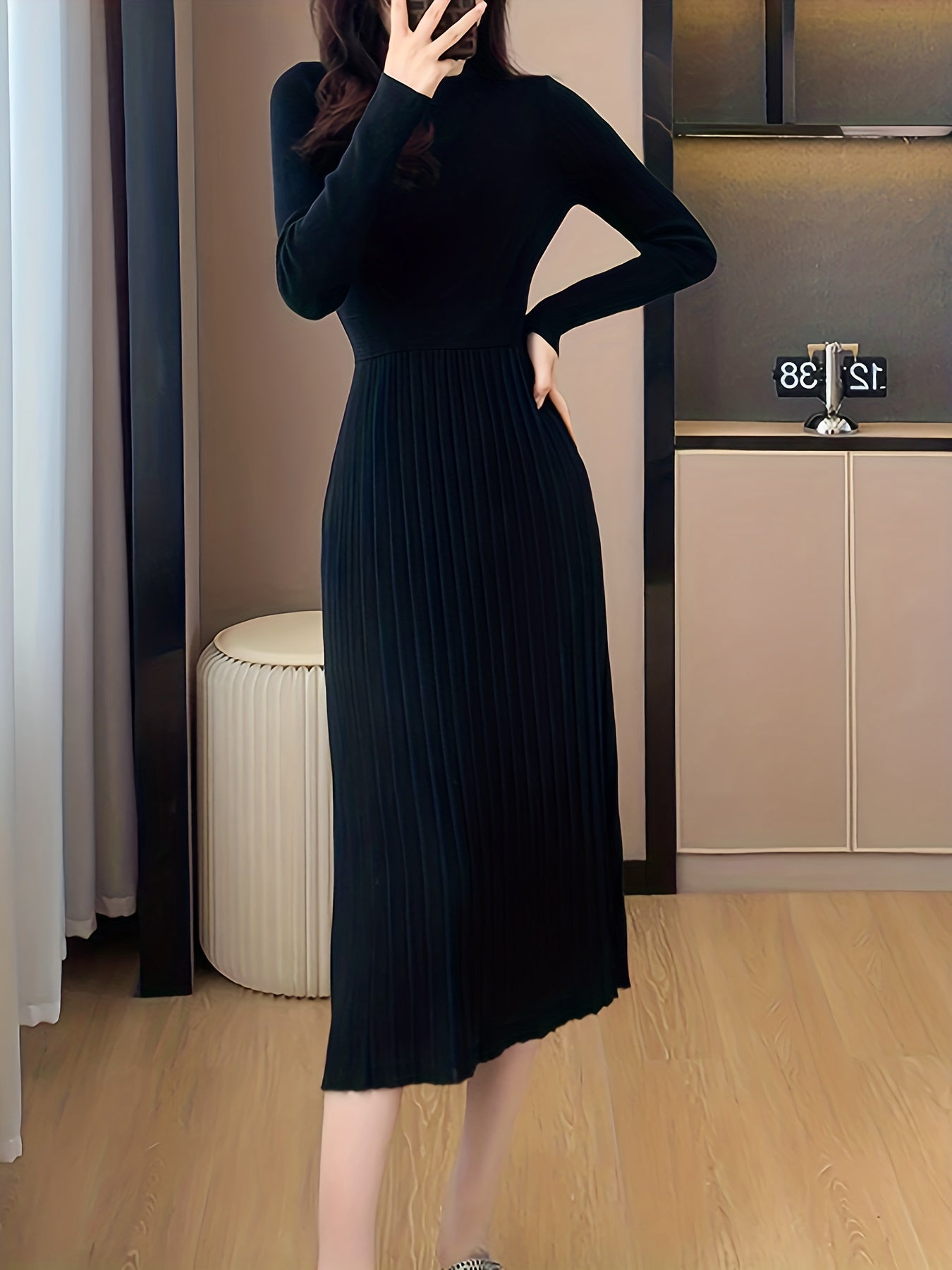 vlovelaw Ribbed Solid Midi Dress, Elegant Long Sleeve Party Dress, Women's Clothing