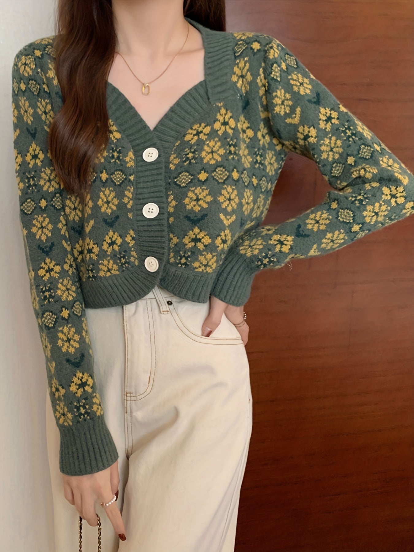 vlovelaw Floral Pattern Button Down Knit Cardigan, Cute Long Sleeve Crop Sweater, Women's Clothing