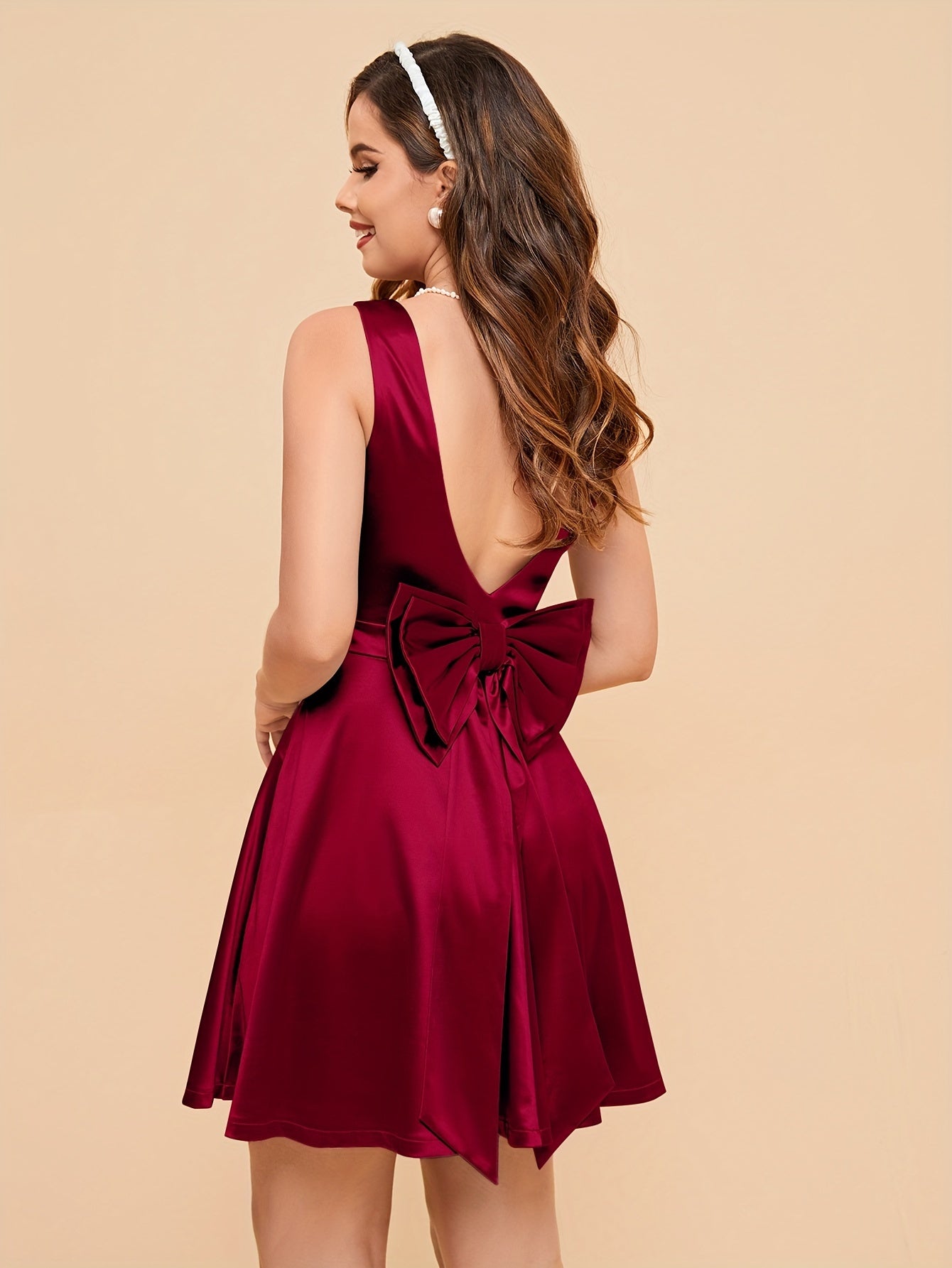 vlovelaw Bow Back Decorate Solid Mini Dress, Elegant Sleeveless Dress For Party & Banquet, Women's Clothing