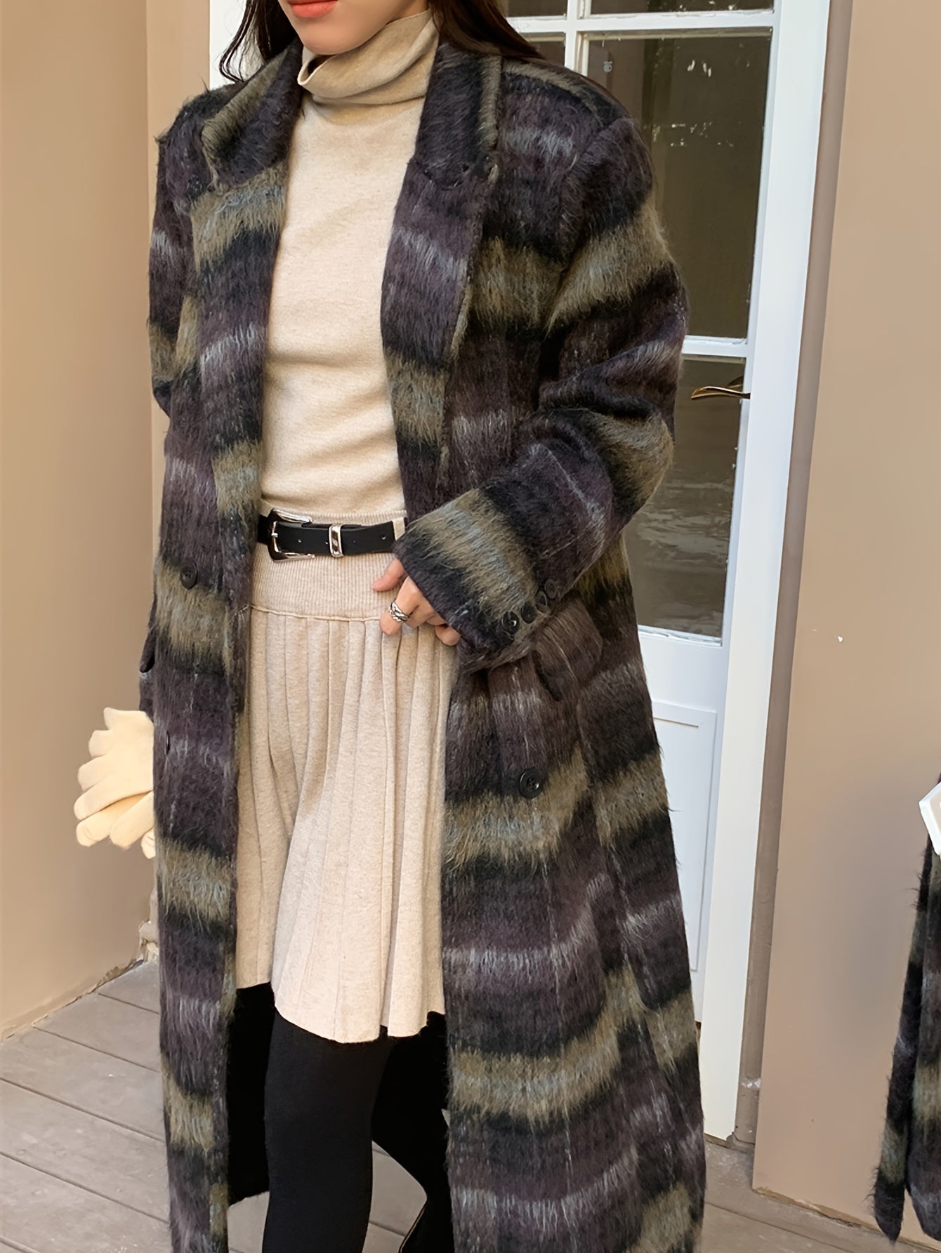 vlovelaw Plaid Print Double-breasted Coat, Casual Thermal Long Sleeve Lapel Overcoat For Winter, Women's Clothing