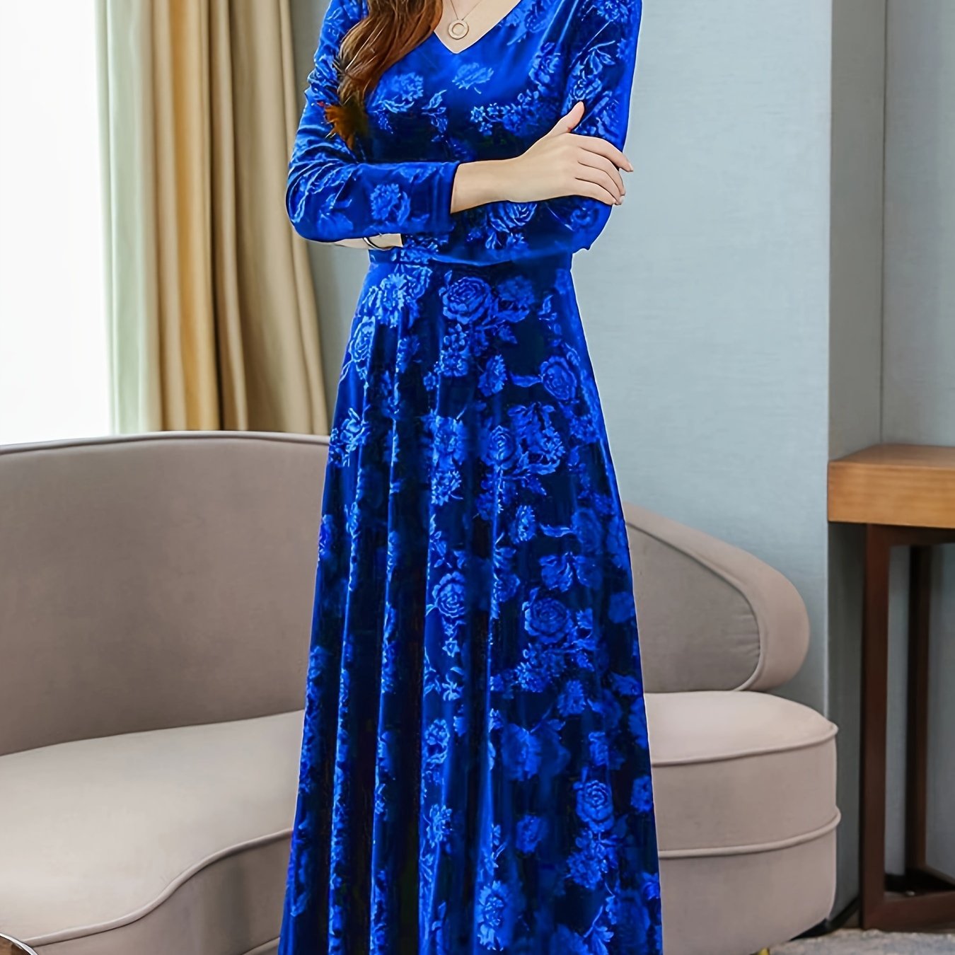 vlovelaw Floral Pattern Maxi Dress, Elegant V Neck Long Sleeve Dress, Women's Clothing