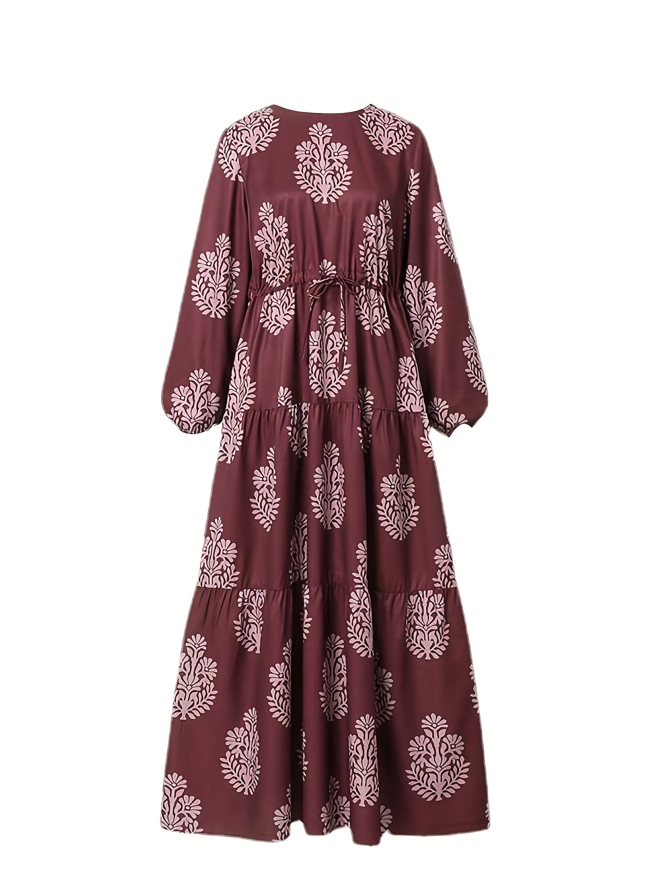 Ethnic Graphic Print Kaftan Dress, Casual Tiered Lantern Sleeve Dress, Women's Clothing
