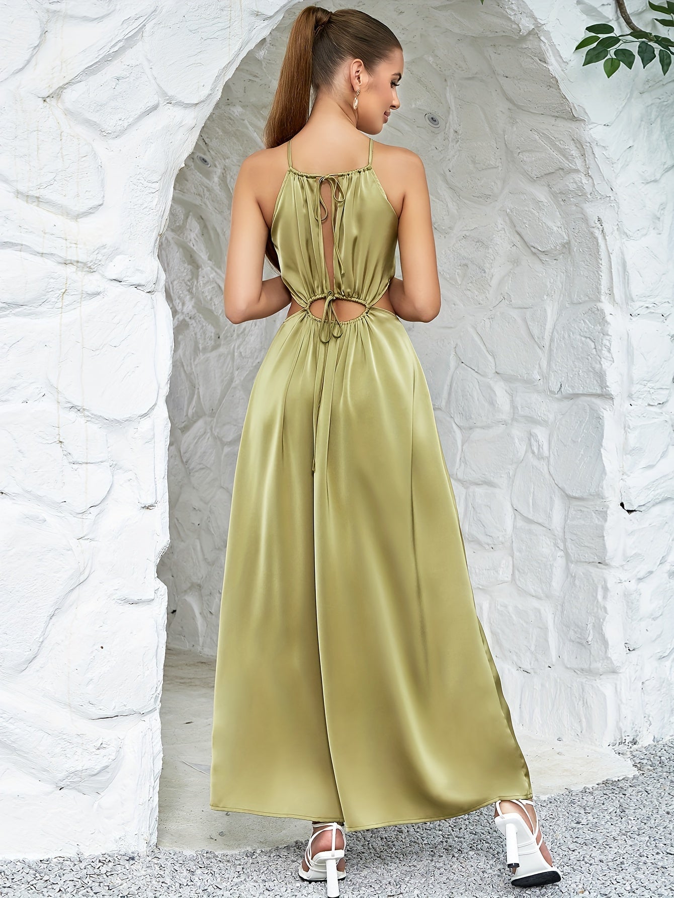 Solid Cut Out Dress, Elegant Tie Back Sleeveless Dress, Women's Clothing