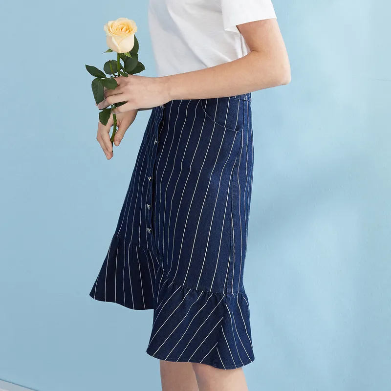 Striped Button Front Bodycon Skirt, Casual High Waist Ruffle Midi Skirt, Women's Clothing