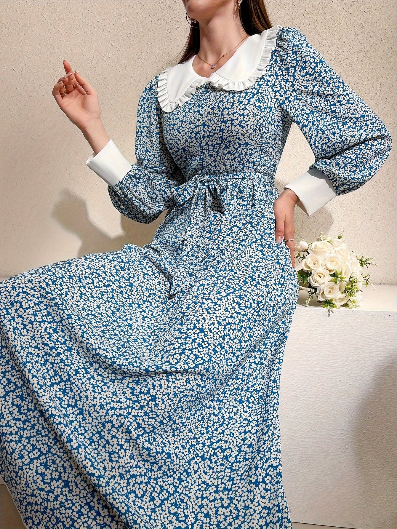 vlovelaw Floral Print Belted Dress, Elegant Long Sleeve Dress For Spring & Fall, Women's Clothing