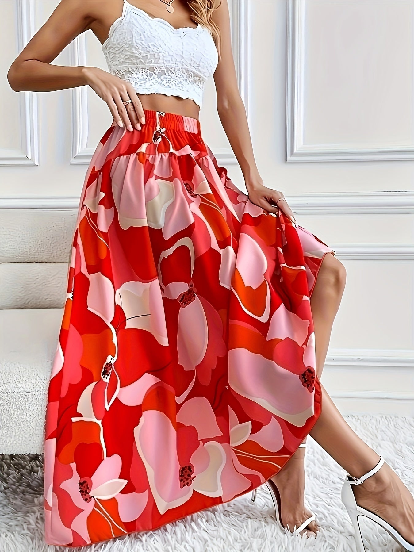 Plus Size Elegant Skirt, Women's Plus Floral Print Elastic High Rise Flowy Maxi Skirt