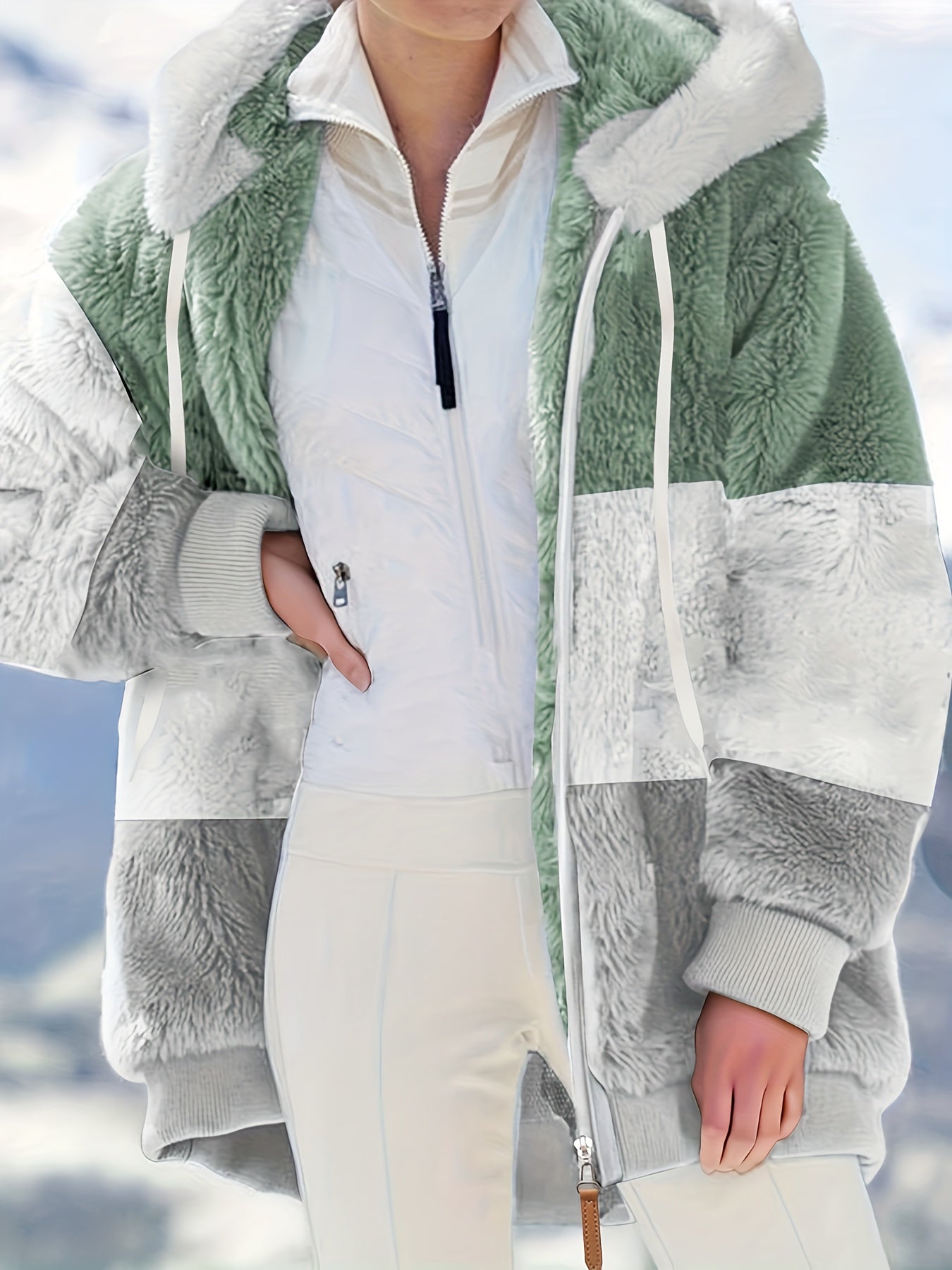vlovelaw Plus Size Colorblock Fuzzy Hoodie Drawstring Zip Up Coat, Women's Plus Pocket Casual Overcoat