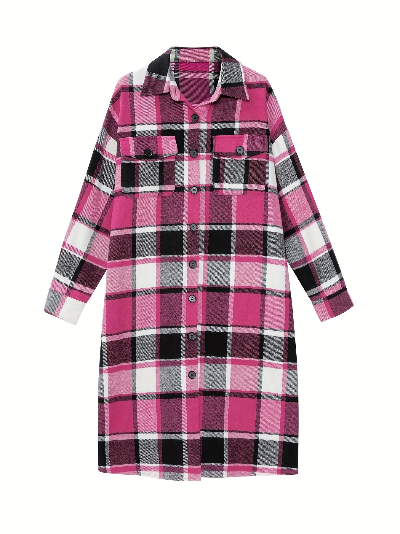 Plaid Single Breasted Overcoat, Versatile Long Sleeve Flap Pockets Longline Coat, Women's Clothing