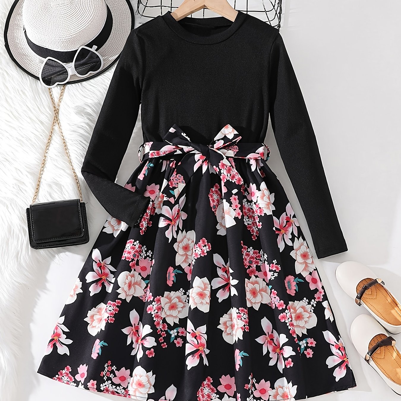 vlovelaw Girls Long Sleeves Round Neck Flowers Splicing Belted Dress For Party Kids Spring Clothes