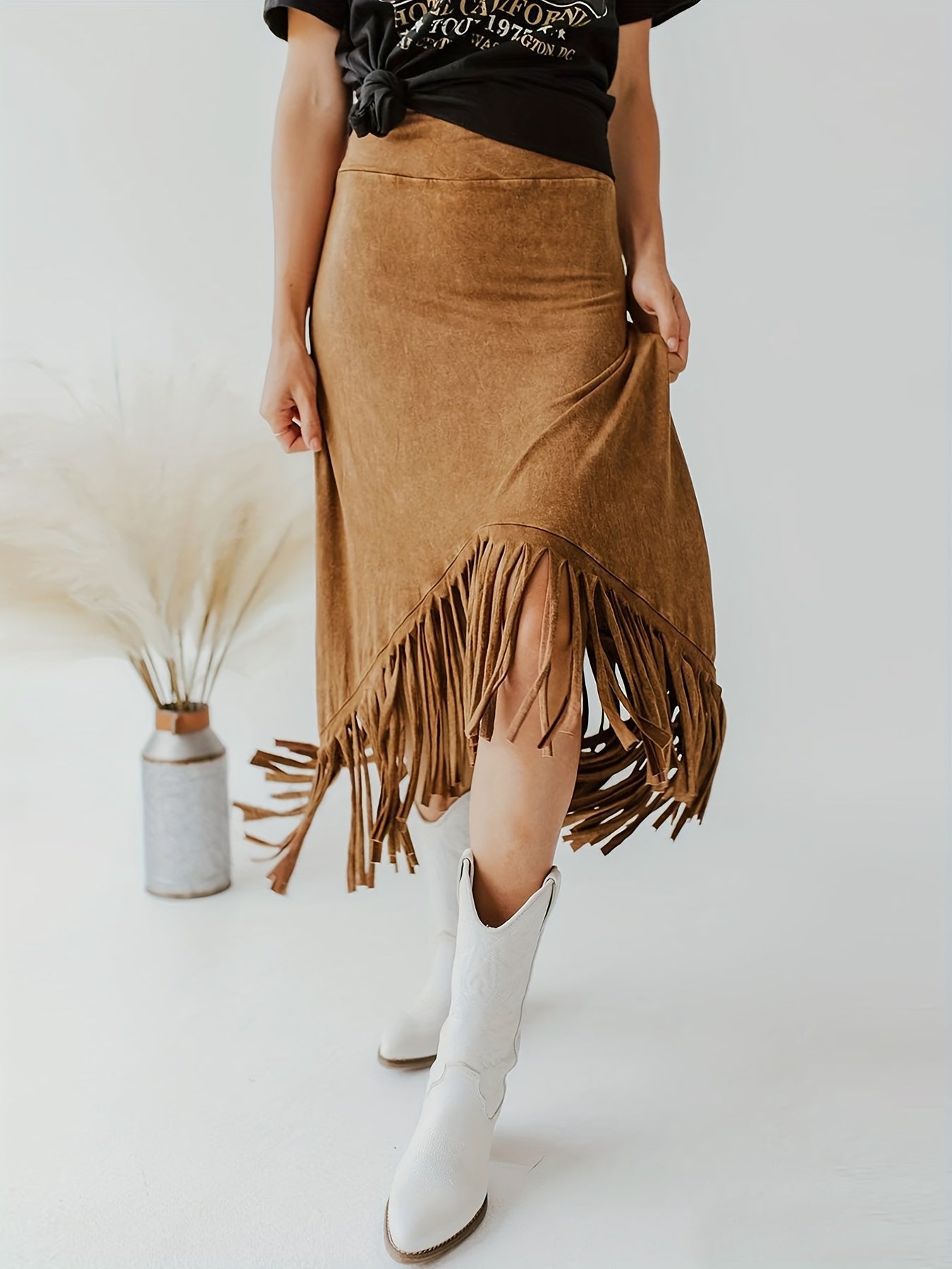 Tassel High Waist Skirts, Vintage Solid Midi Skirts For Spring & Fall, Women's Clothing