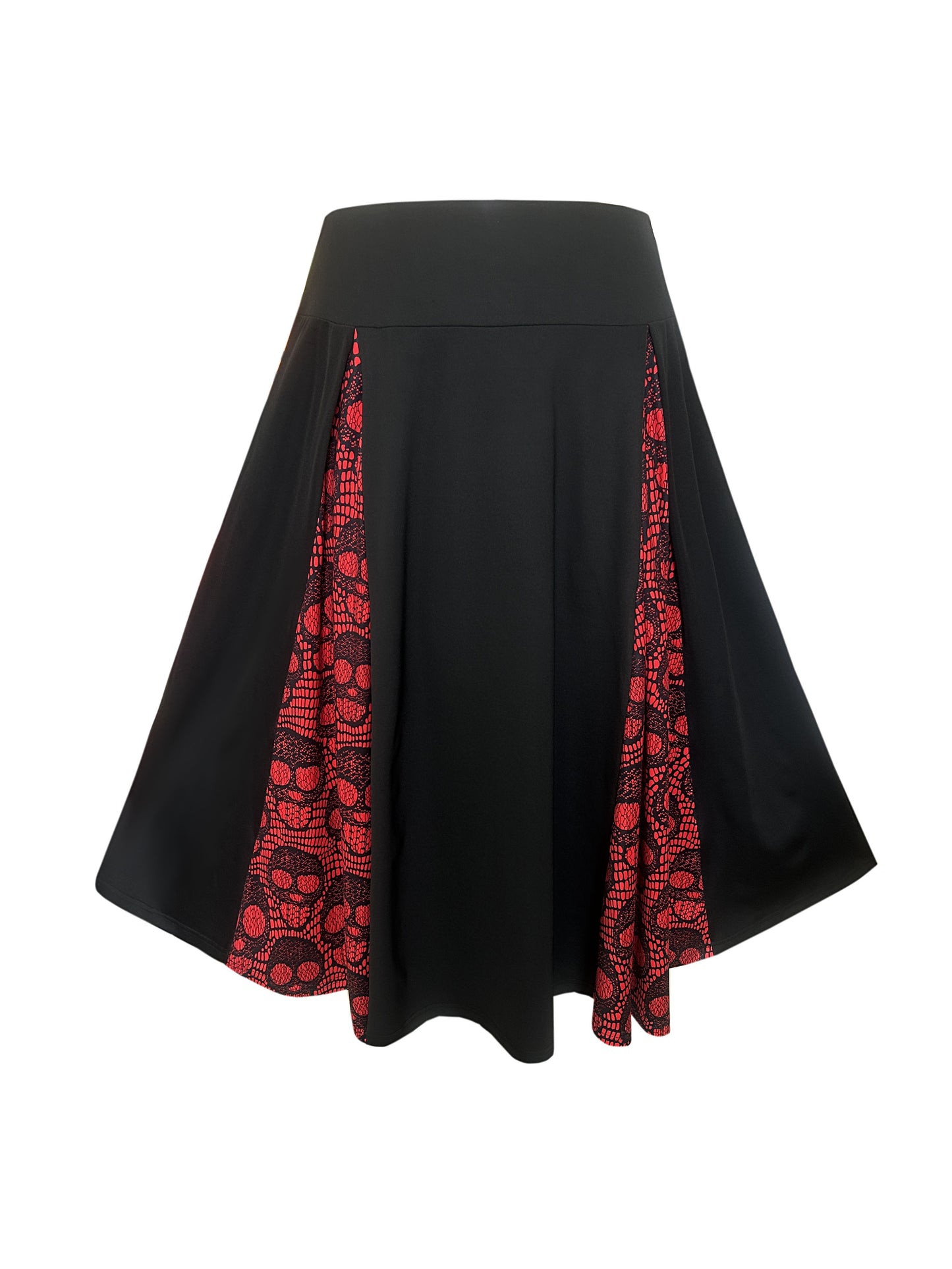 Plus Size Halloween Goth Skirt, Women's Plus Colorblock Skull Print High Rise Medium Stretch A-line Maxi Skirt