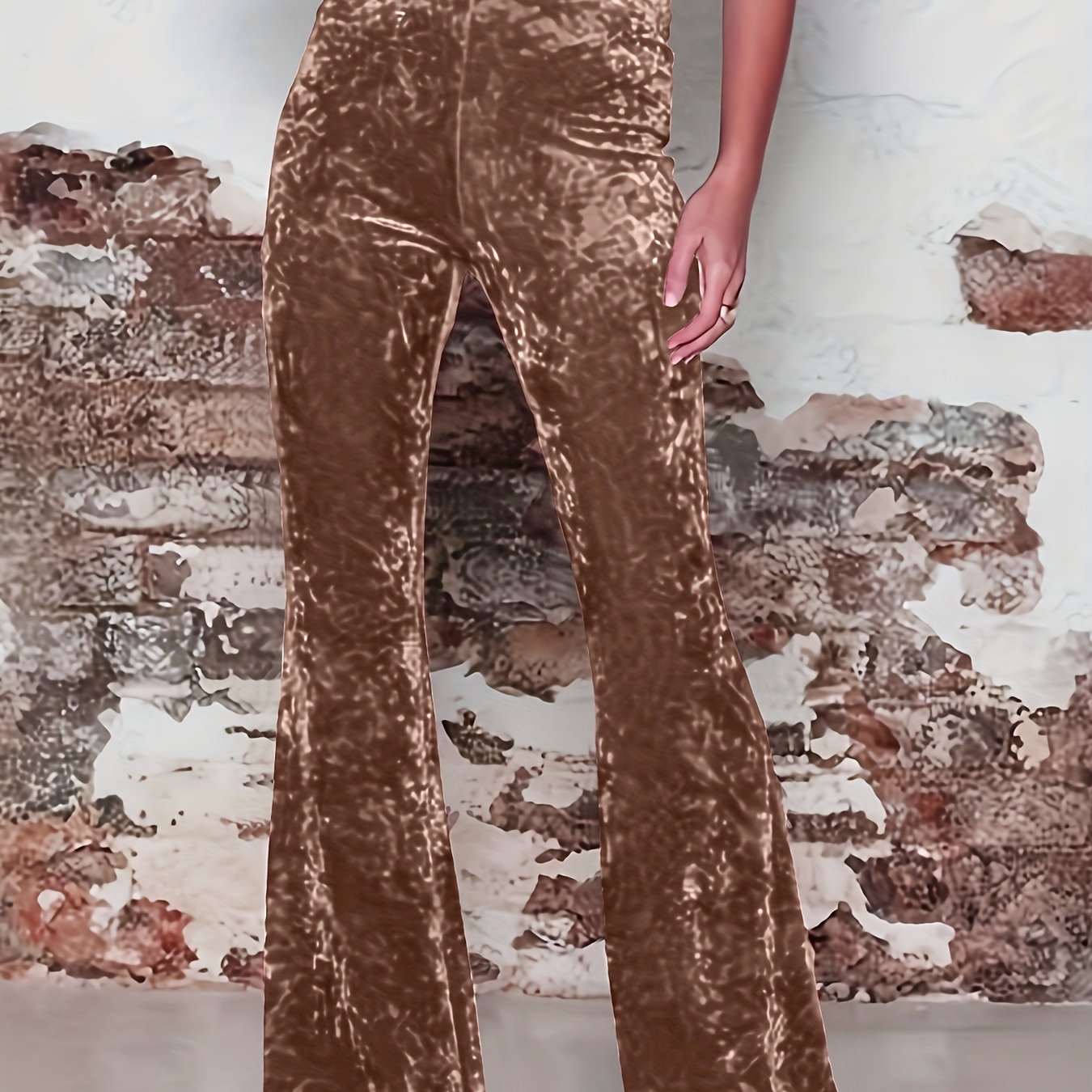 vlovelaw High Waist Solid Velvet Pants, Boho Every Day Flare Leg Pants For All Season, Women's Clothing