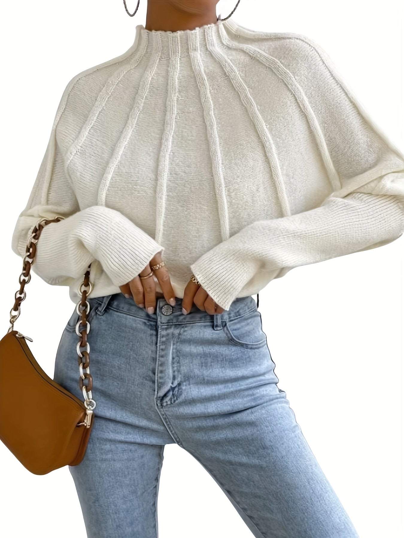 vlovelaw Solid Mock Neck Pullover Sweater, Elegant Batwing Sleeve Stylish Sweater, Women's Clothing