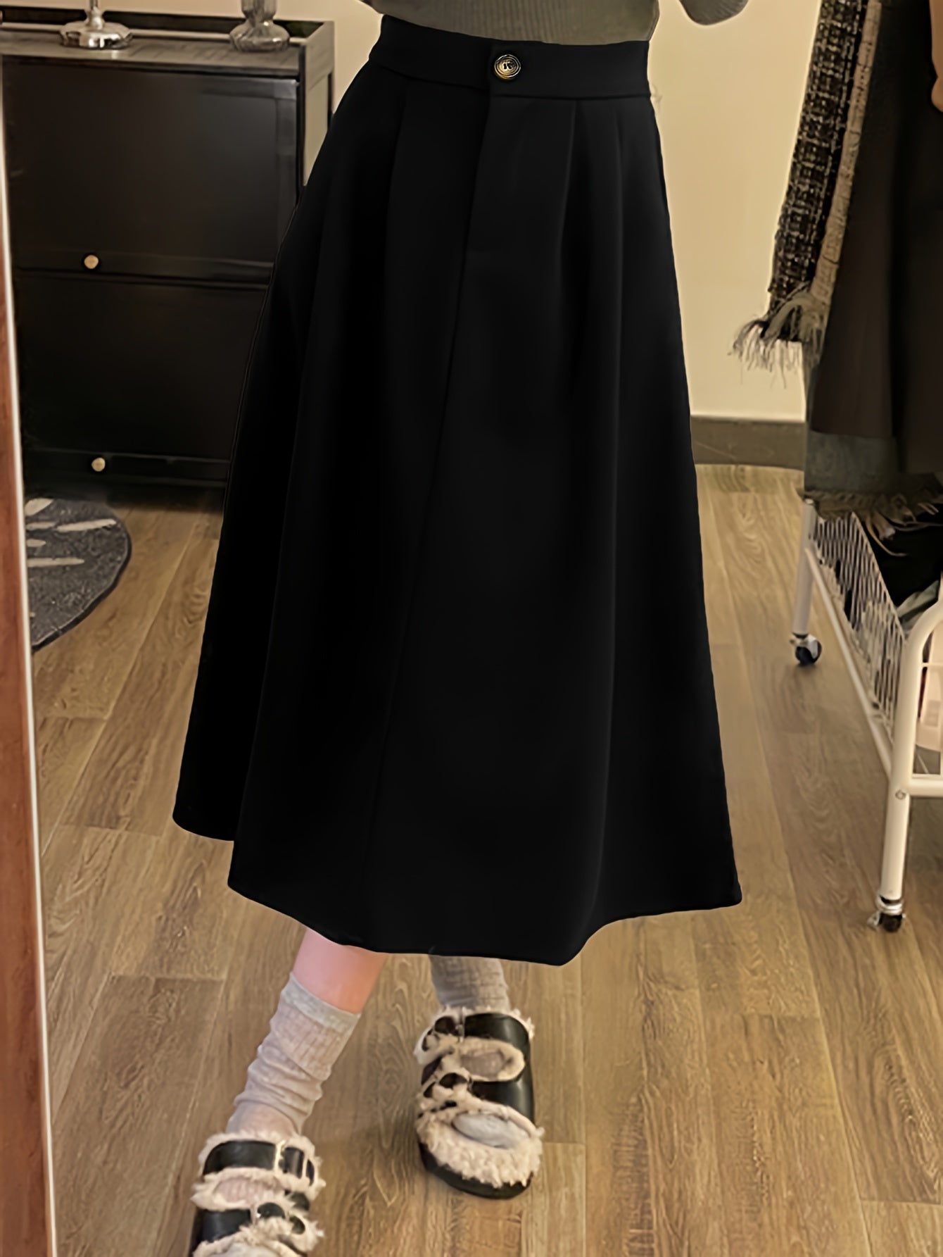 vlovelaw Solid Button Front Ruffle Hem Skirt, Vintage High Waist Skirt For Spring & Fall, Women's Clothing