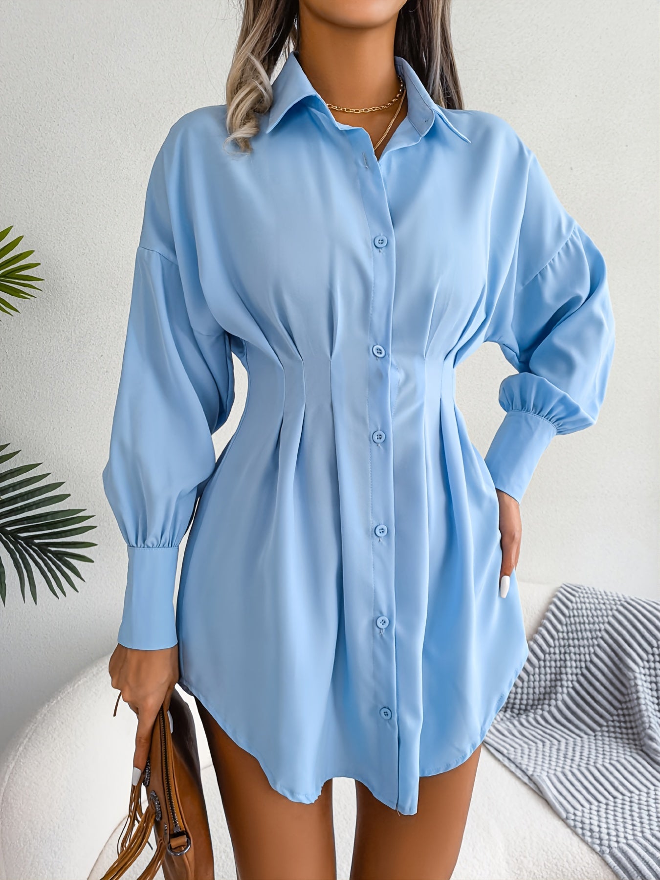 Lantern Sleeve Pleated Waist Dress, Casual Shirt Dress For Spring & Fall, Women's Clothing