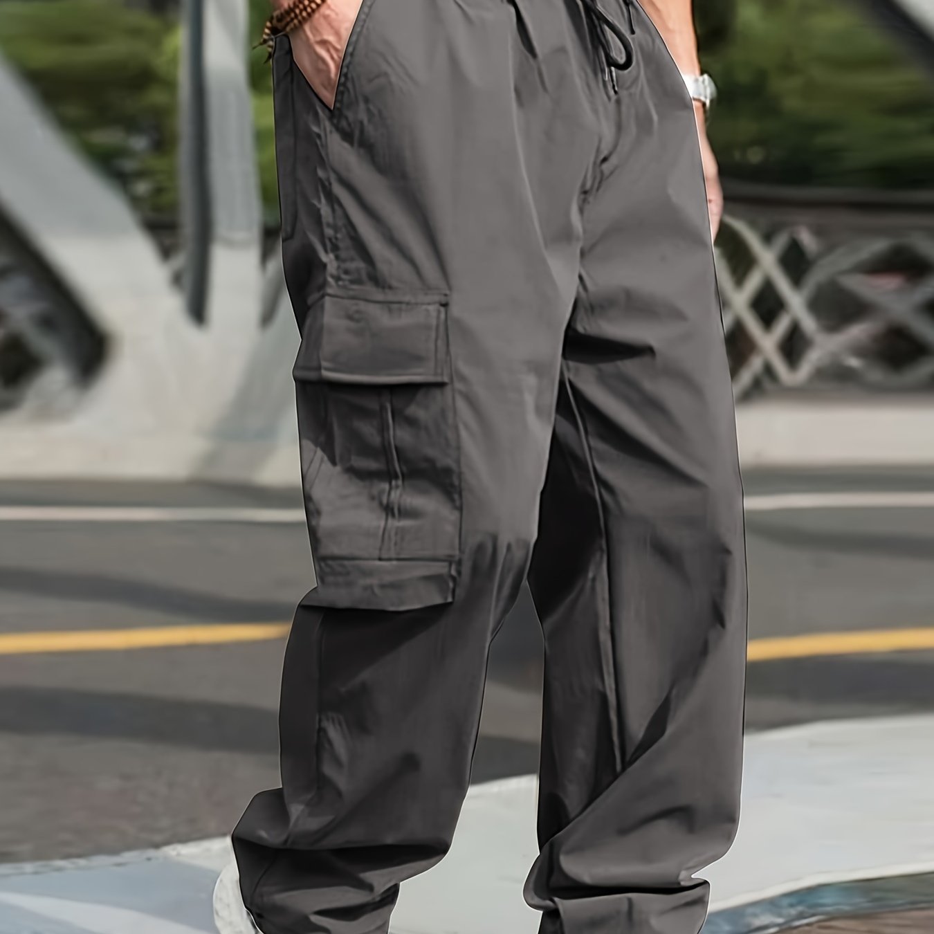 vlovelaw Trendy Solid Cargo Pants, Men's Multi Flap Pocket Trousers, Loose Casual Outdoor Pants, Men's Work Pants Outdoors Streetwear Hip Hop Style