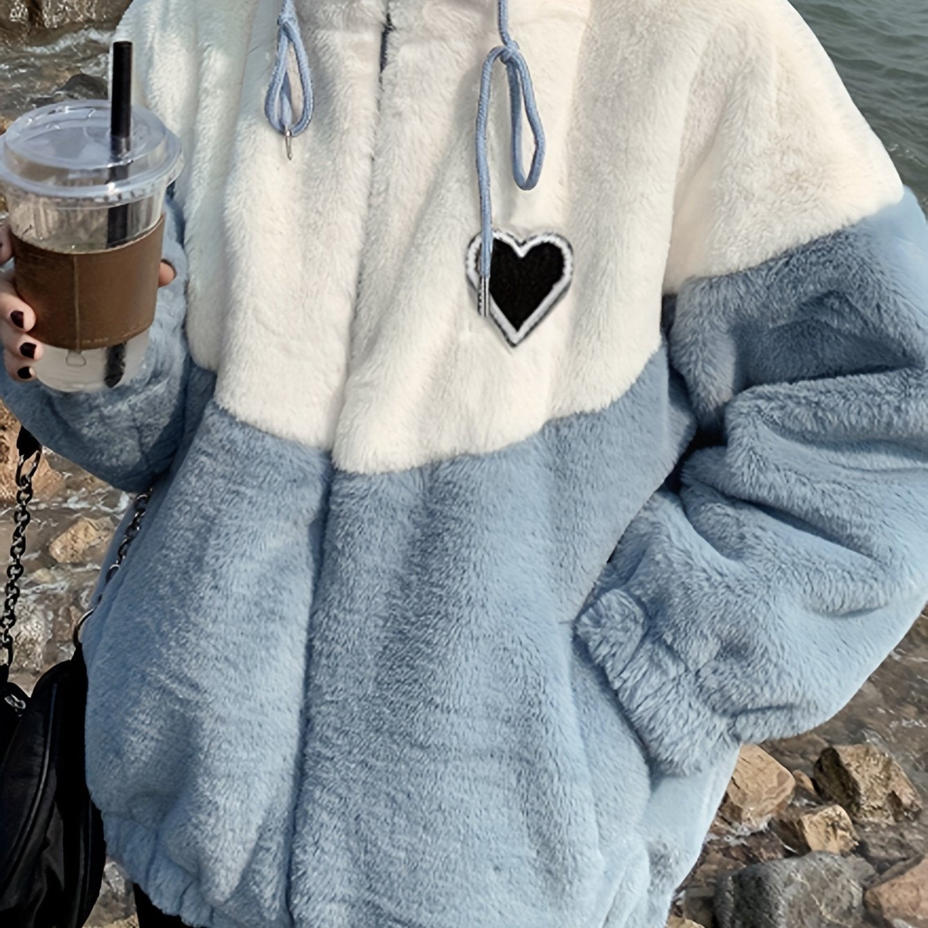 vlovelaw Color Block Zip-up Plush Coat, Casual Thermal Heart Patch Long Sleeve Drawstring Coat For Fall & Winter, Women's Clothing