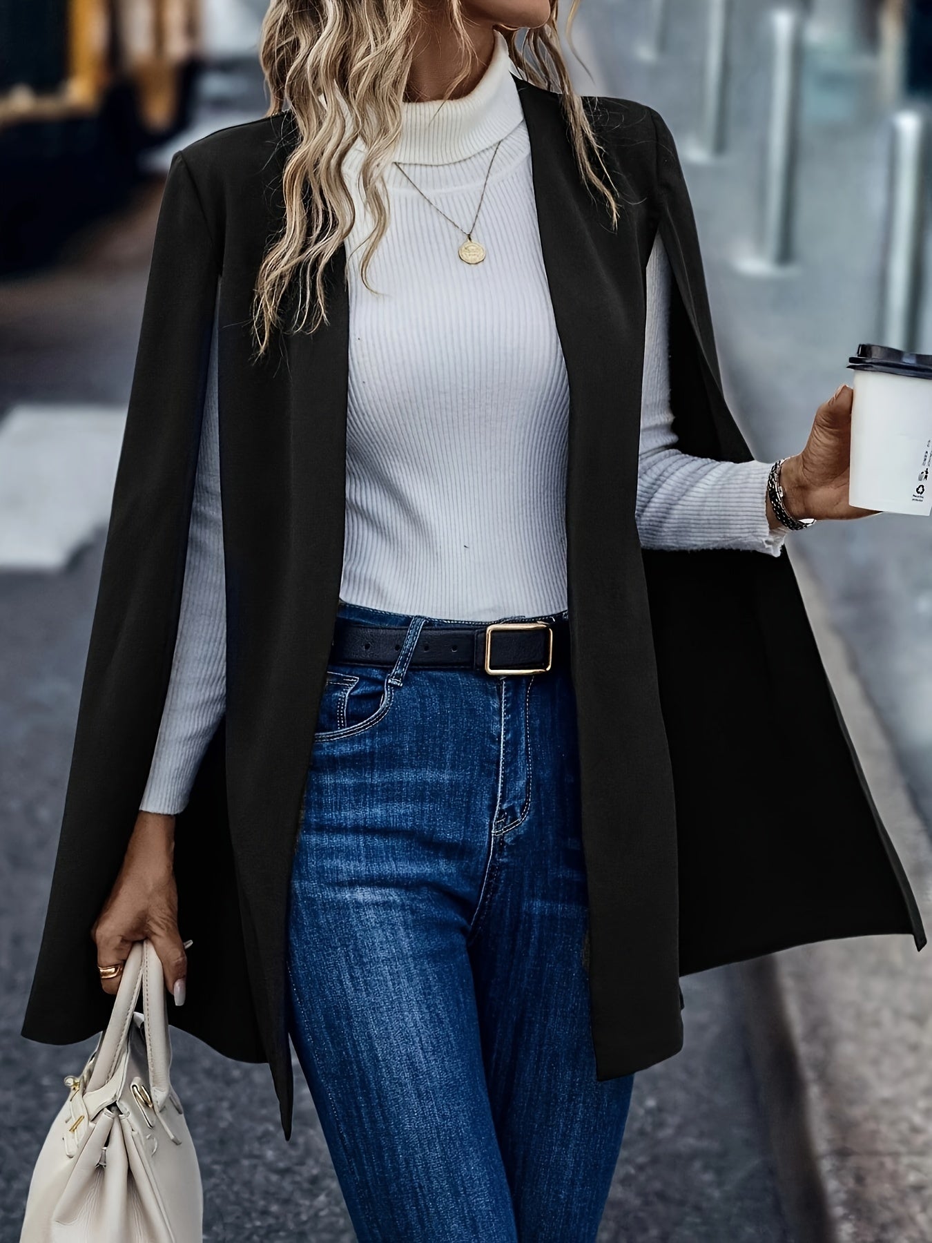 Open Front Cape Coat, Casual Solid Split Sleeve Outerwear, Women's Clothing