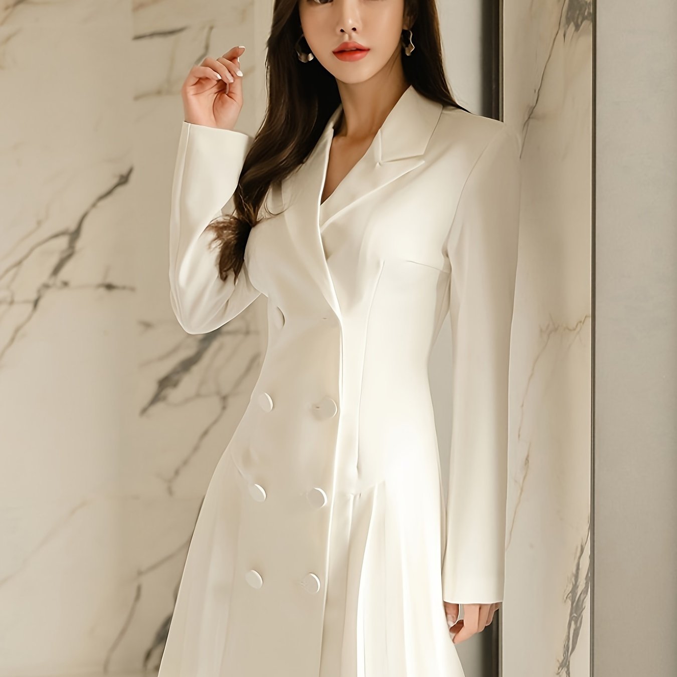 vlovelaw Double Breasted Pleated Blazer, Elegant Solid Long Sleeve Mid Length Outerwear, Women's Clothing