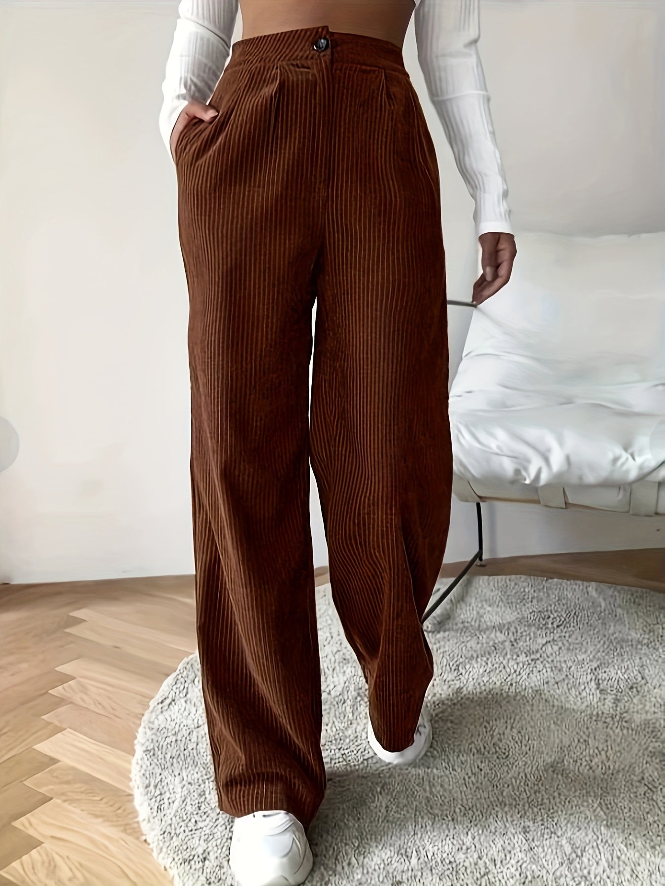 vlovelaw Plus Size Elegant Pants, Women's Plus Solid Corduroy Button Fly High Rise Slight Stretch Wide Leg Trousers With Pockets