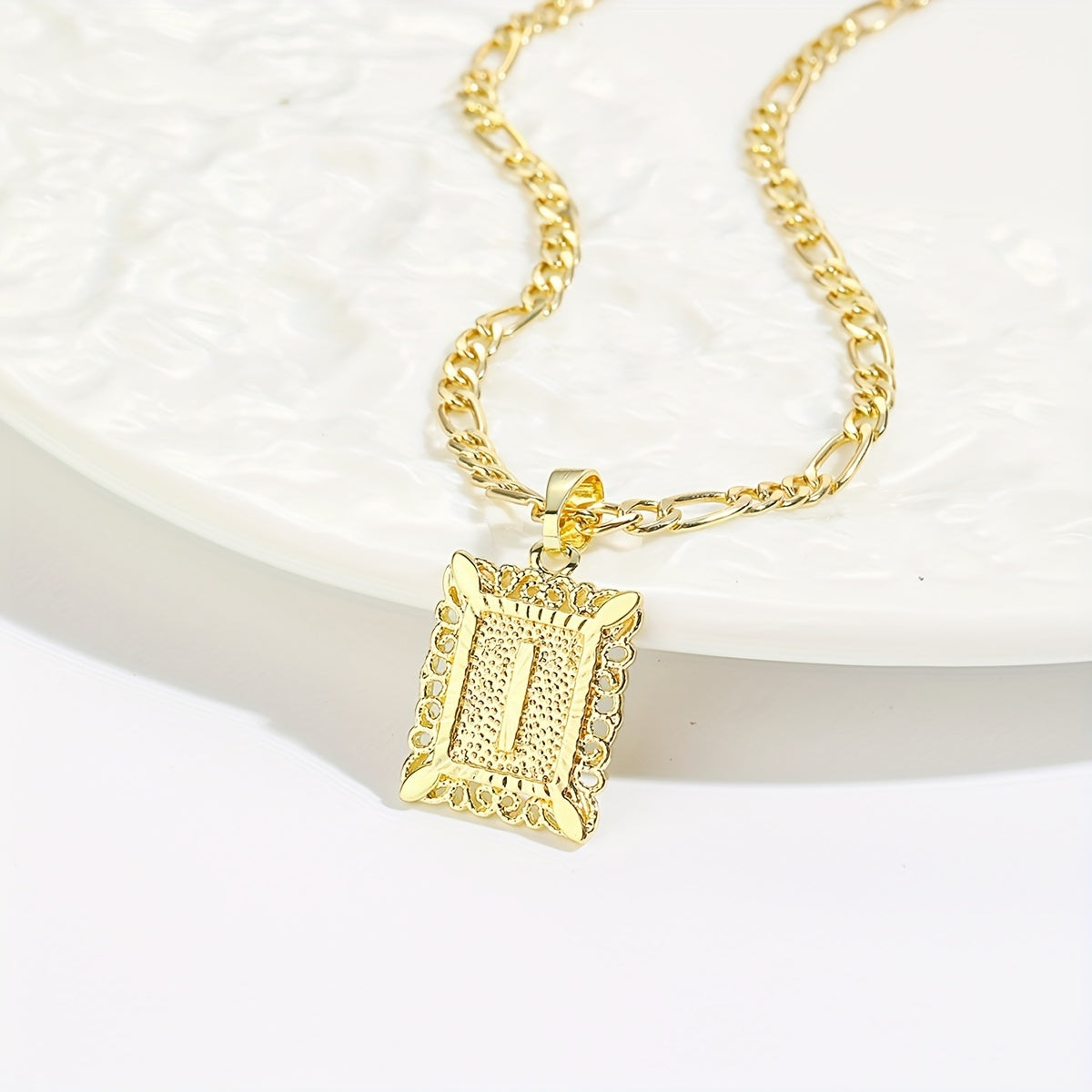 18K Gold Plated Square Monogram Pendant Necklace - Fashionable Personalized Alphabet Letter A-Z Figaro Chain Necklace for Men and Women - Copper Material, No Magnetic, No Mosaic, Plating-Free, Stylish Jewelry for Any Occasion