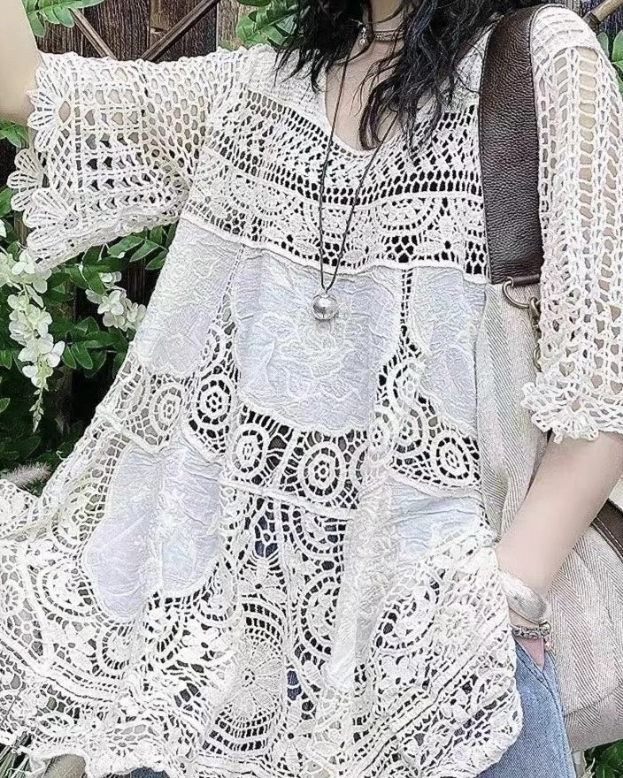 vlovelaw Crochet Cover Up Top, Casual Beach Wear Cut Out Half Sleeve Top, Women's Clothing