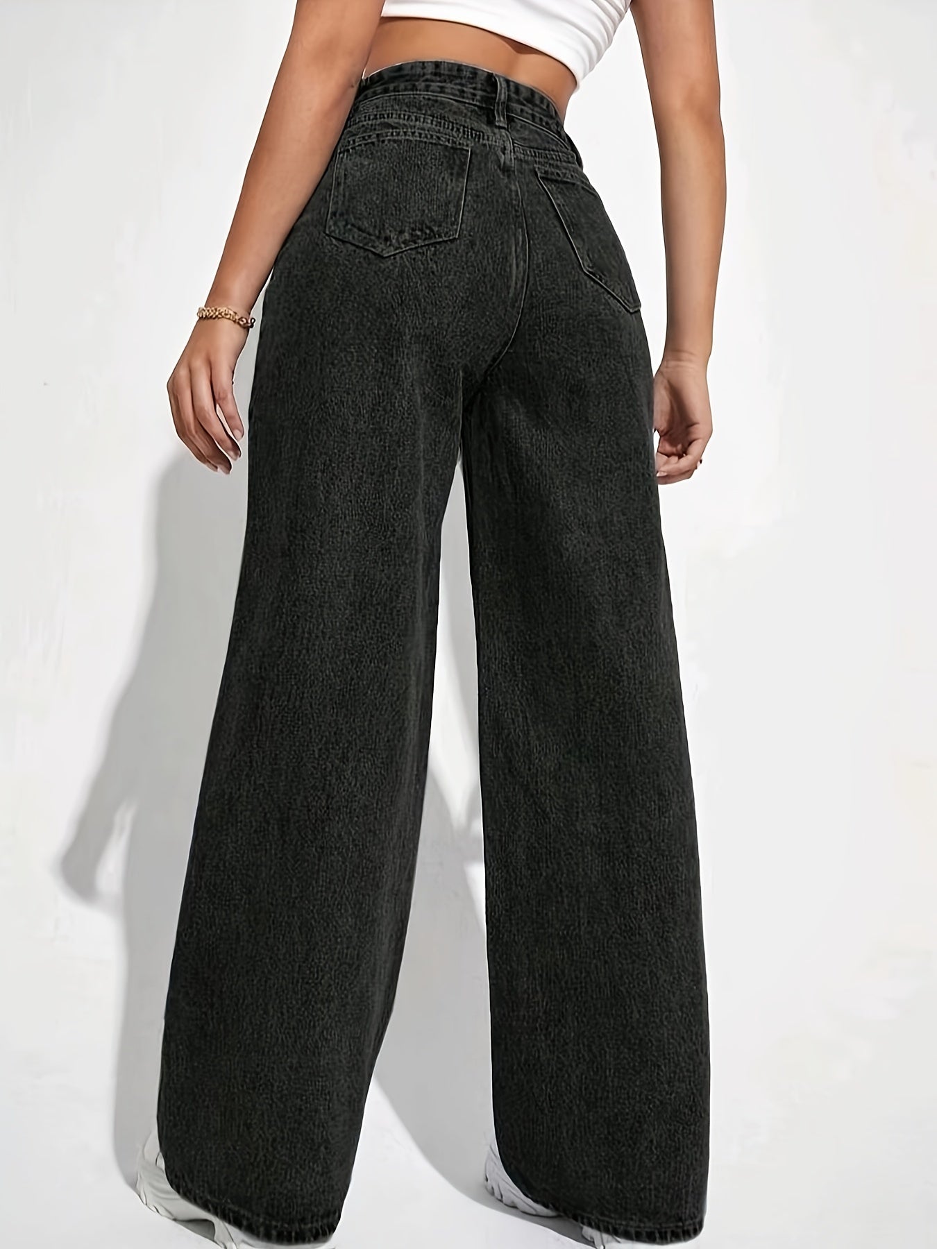 vlovelaw Plain Loose Fit Baggy Jeans, Slant Pockets Non-Stretch Casual Wide Legs Jeans, Women's Denim Jeans & Clothing