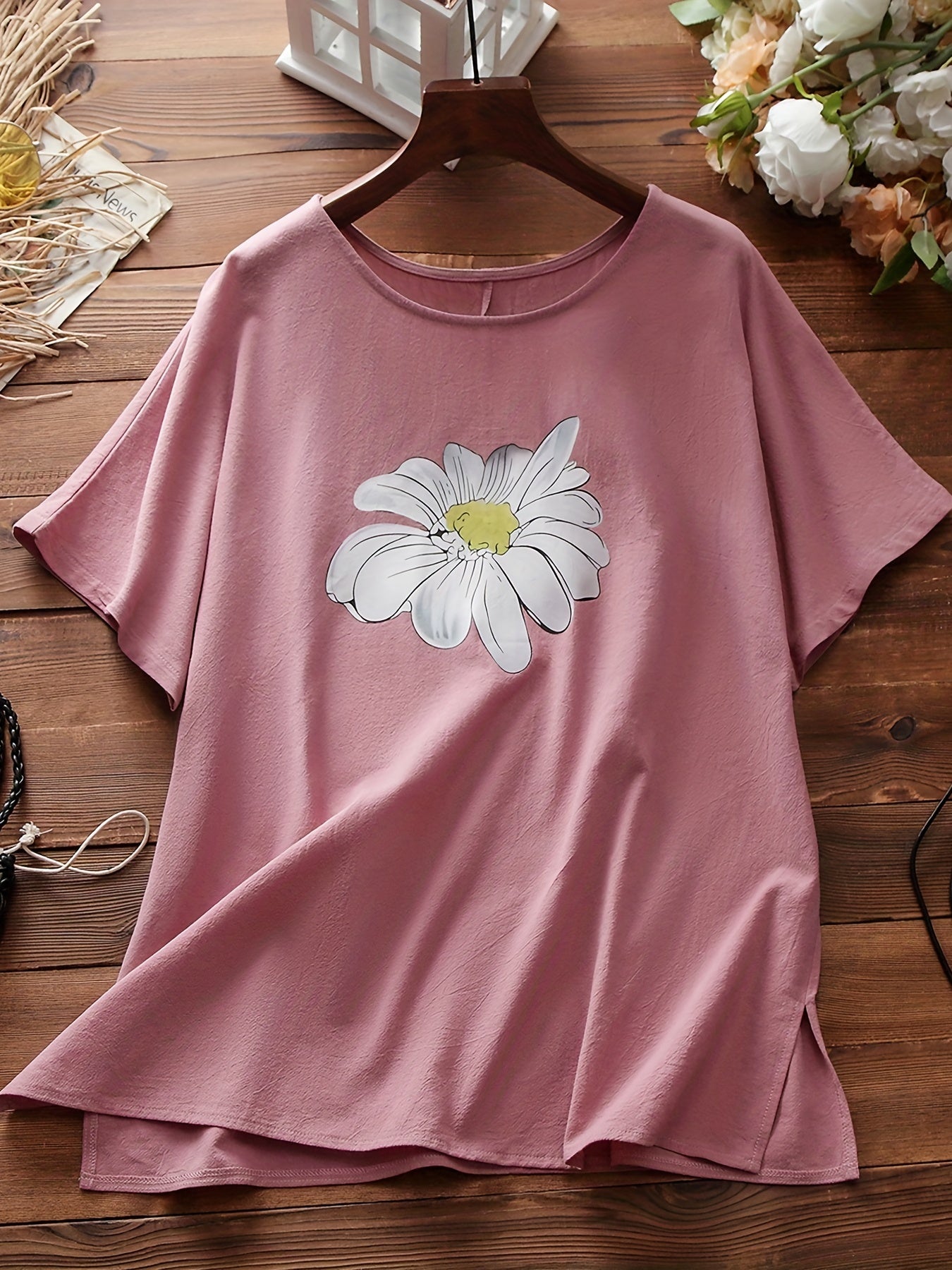 Plus Size Casual Top, Women's Plus Flower Print Short Sleeve Round Neck T-shirt