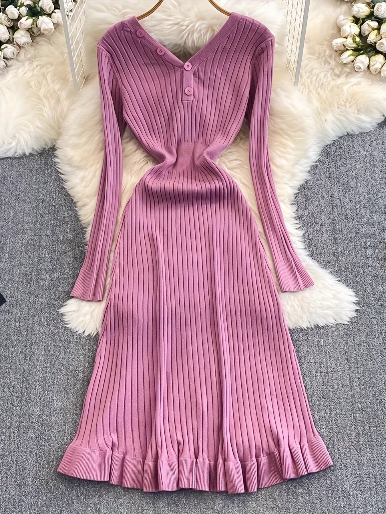 vlovelaw Button Front Ruffle Hem Dress, Chic Long Sleeve V Neck Ribbed Dress, Women's Clothing