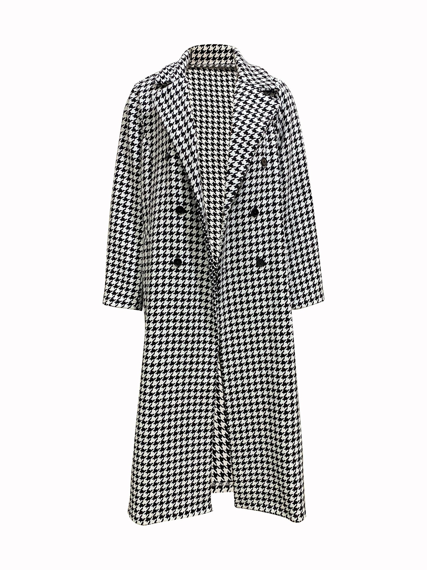 Houndstooth Print Pea Coat, Elegant Double Breasted Long Sleeve Outerwear, Women's Clothing