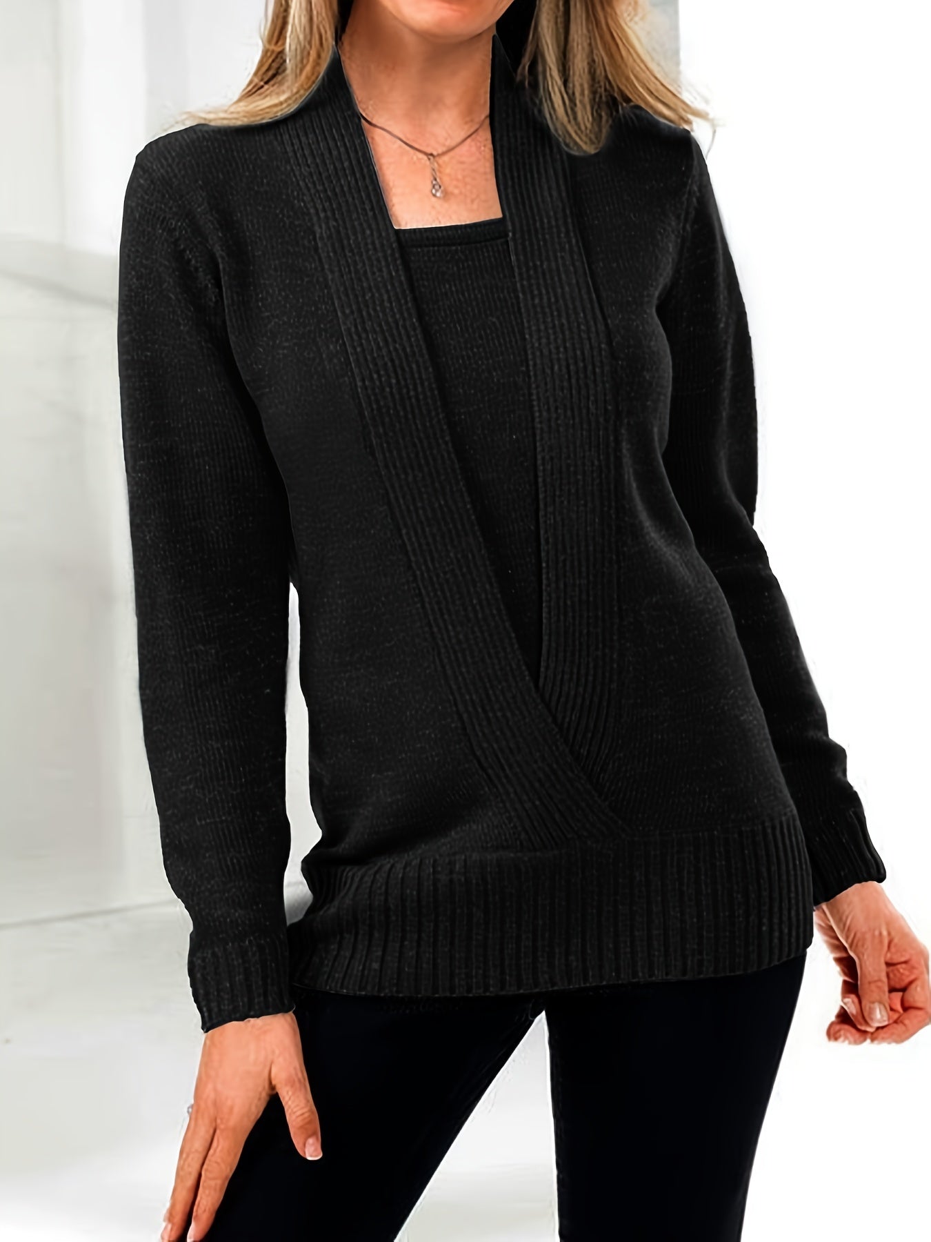 Solid Rib Knit Sweater, Casual Long Sleeve Versatile Sweater, Women's Clothing