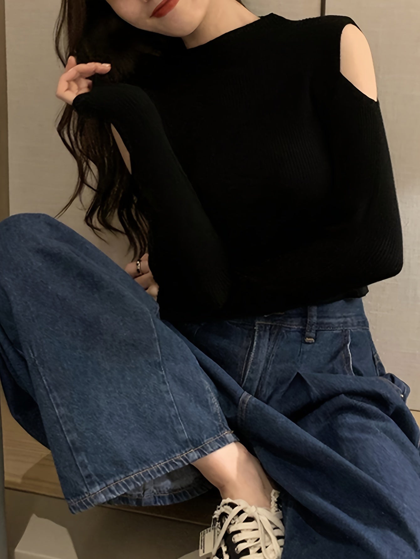 Solid Mock Neck Knitted Top, Casual Cold Shoulder Long Sleeve Slim Sweater, Women's Clothing