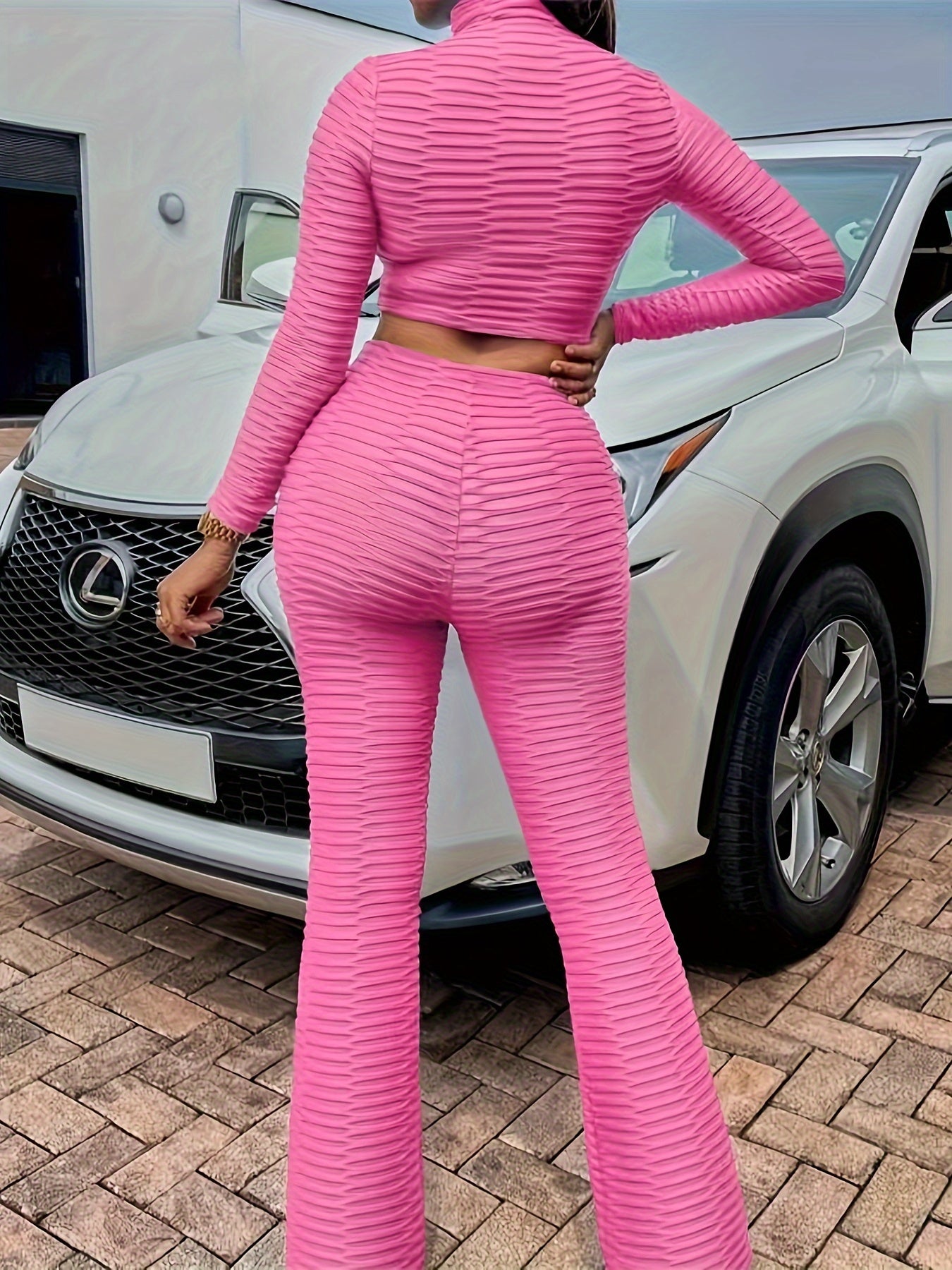 vlovelaw Casual Solid Two-piece Set, Mock Neck Crop Top & Long Pants Outfits, Women's Clothing