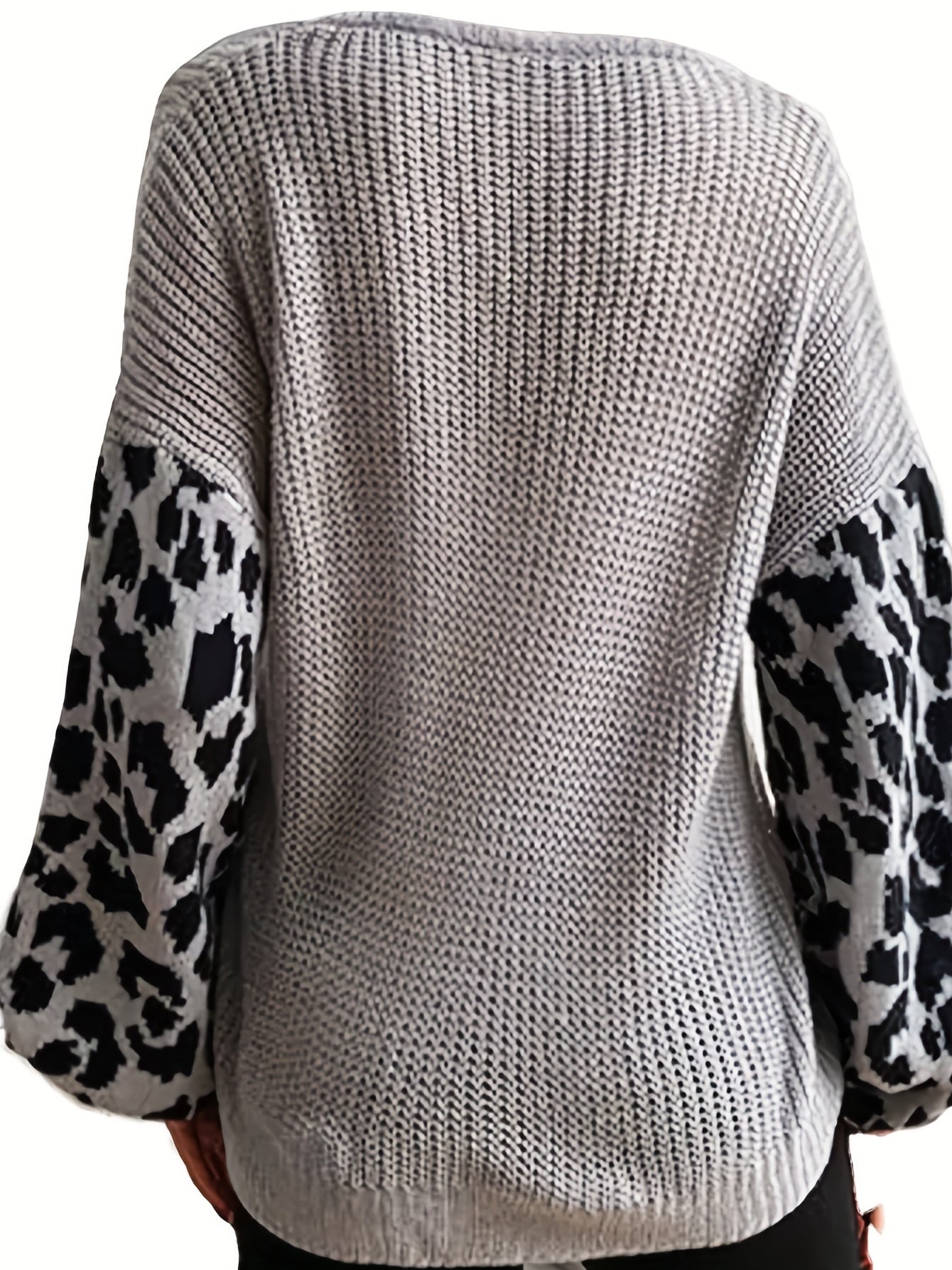 vlovelaw Contrast Leopard V Neck Loose Sweater, Casual Long Sleeve Sweater For Spring & Fall, Women's Clothing