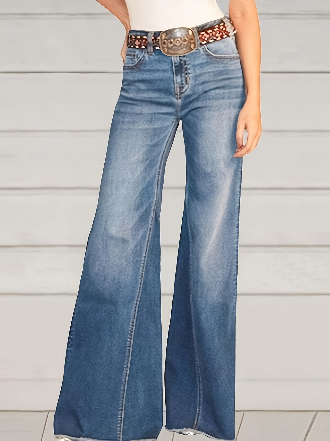Plus Size Casual Jeans, Women's Plus Washed Button Fly High Stretch High Rise Flared Leg Jeans