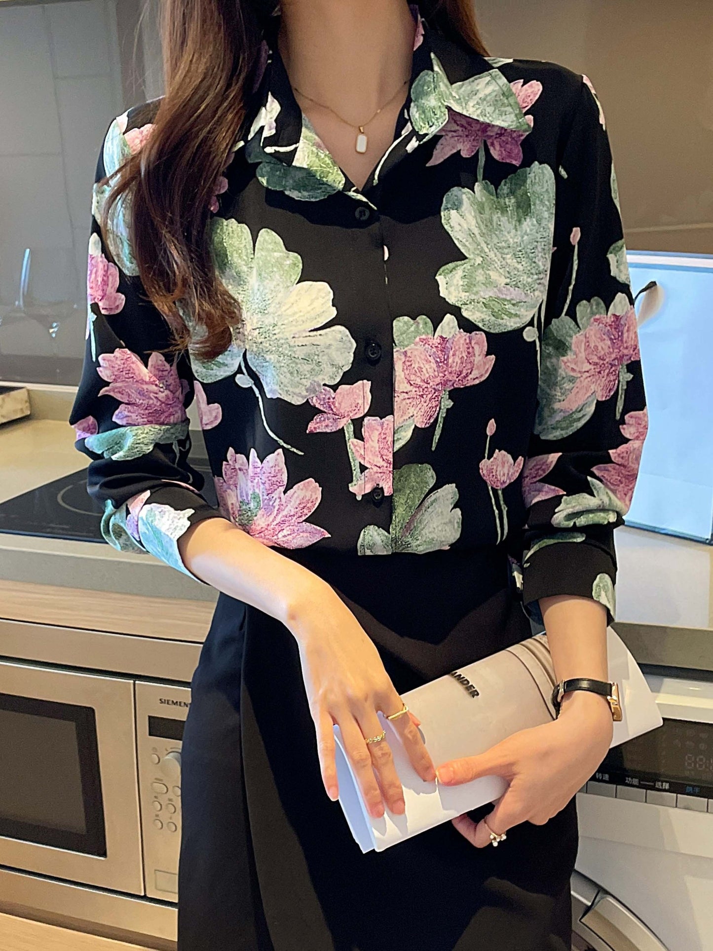 vlovelaw Floral Print Button Down Shirt, Vintage Long Sleeve Shirt For Spring & Fall, Women's Clothing