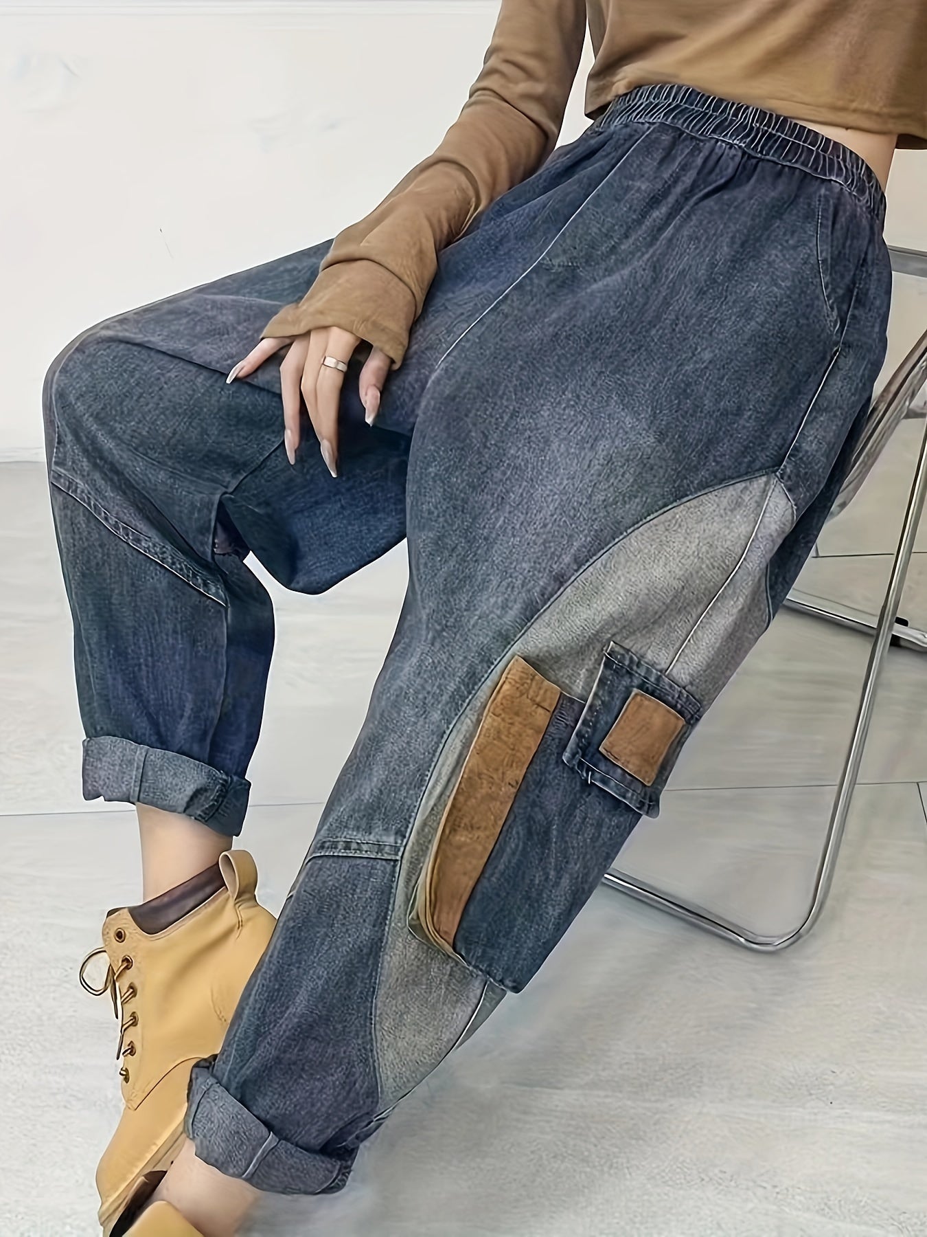 vlovelaw Elastic Waist Versatile Harem Denim Jeans, Loose Fit Slant Pockets Straight Jeans, Women's Denim Jeans & Clothing