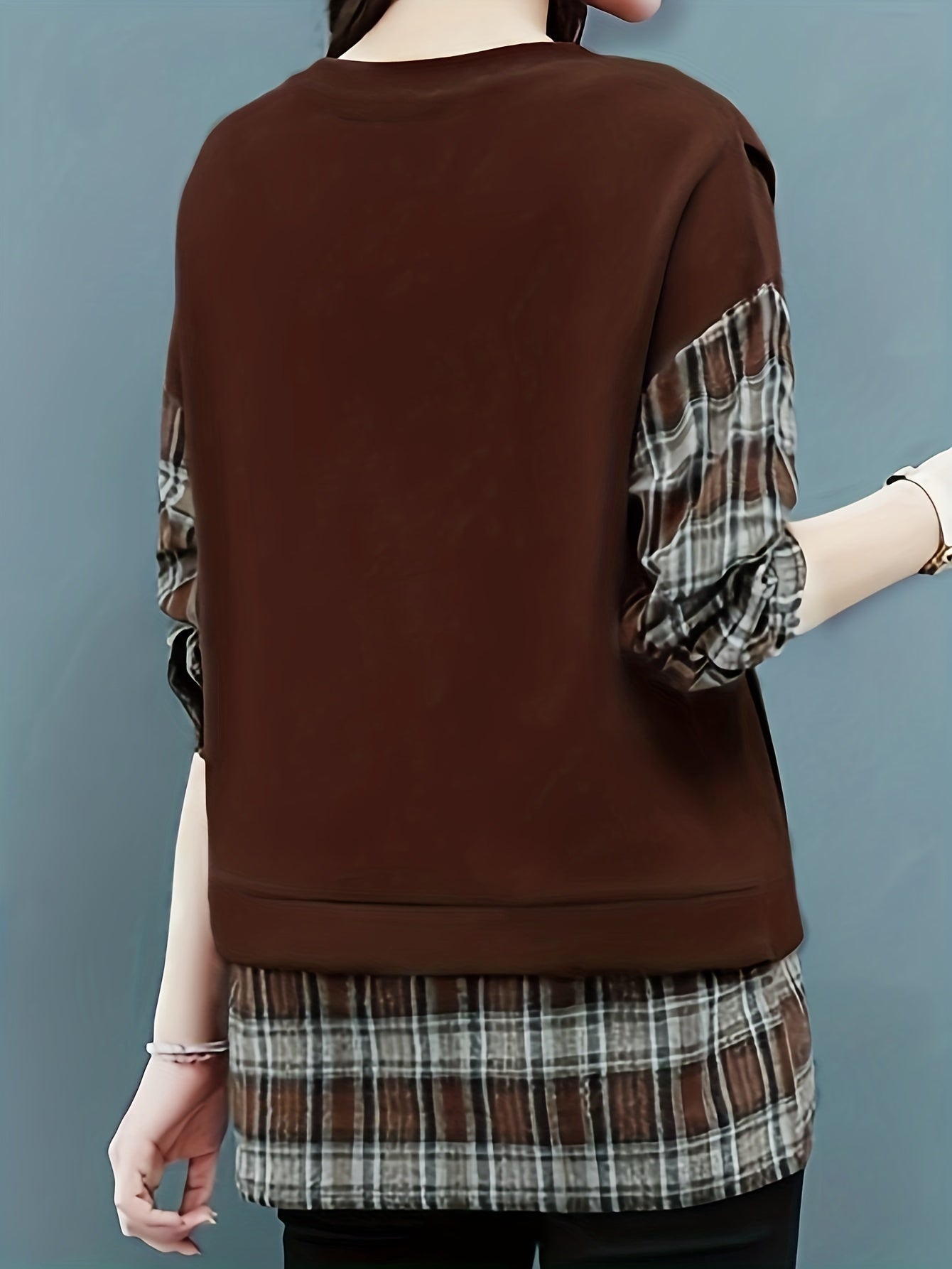 vlovelaw Long Sleeve Plaid Pullover, Crew Neck Casual Top For Spring & Fall, Women's Clothing