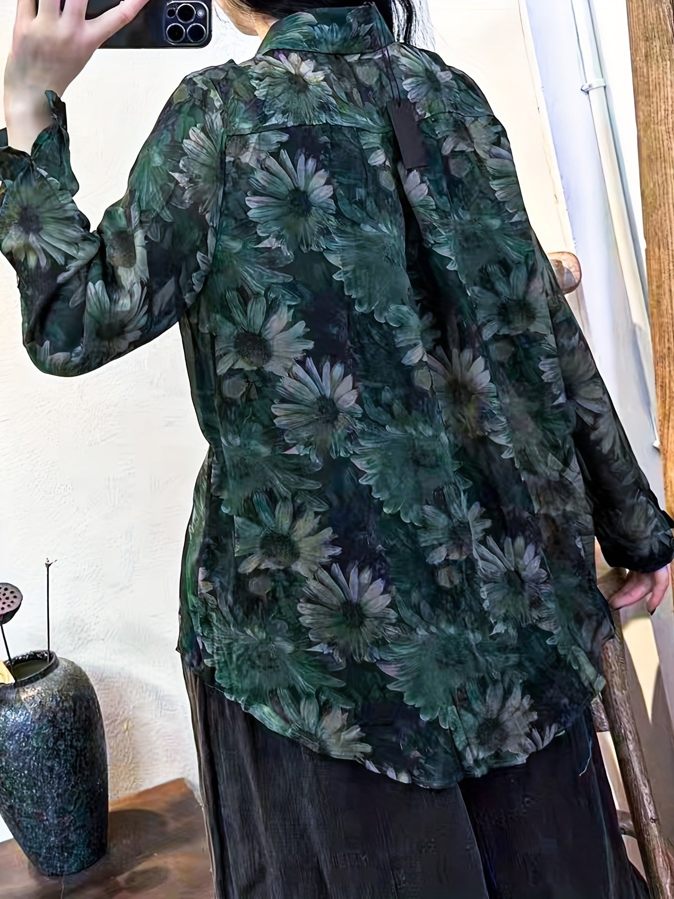 vlovelaw  Floral Print Button Front Shirt, Vintage Long Sleeve Collar Shirt, Women's Clothing