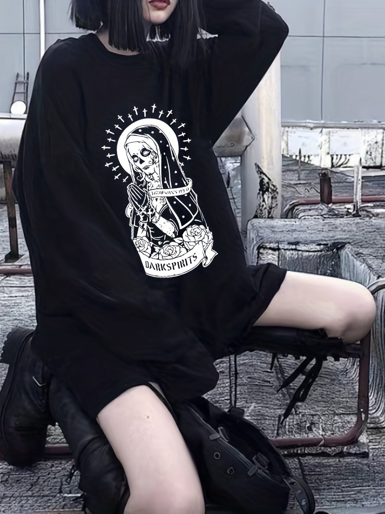 Skeleton Print Crew Neck T-Shirt, Y2K Long Sleeve Top For Spring & Fall, Women's Clothing