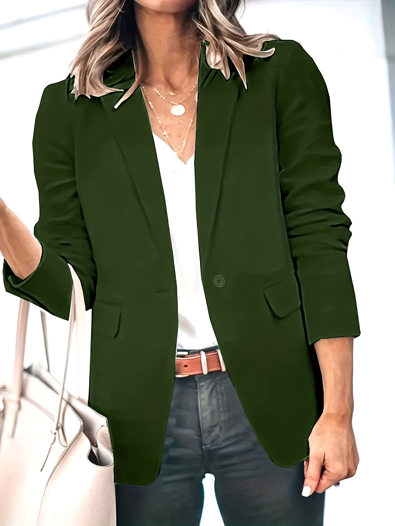 Solid Button Front Blazer, Elegant Lapel Long Sleeve Blazer For Office & Work, Women's Clothing