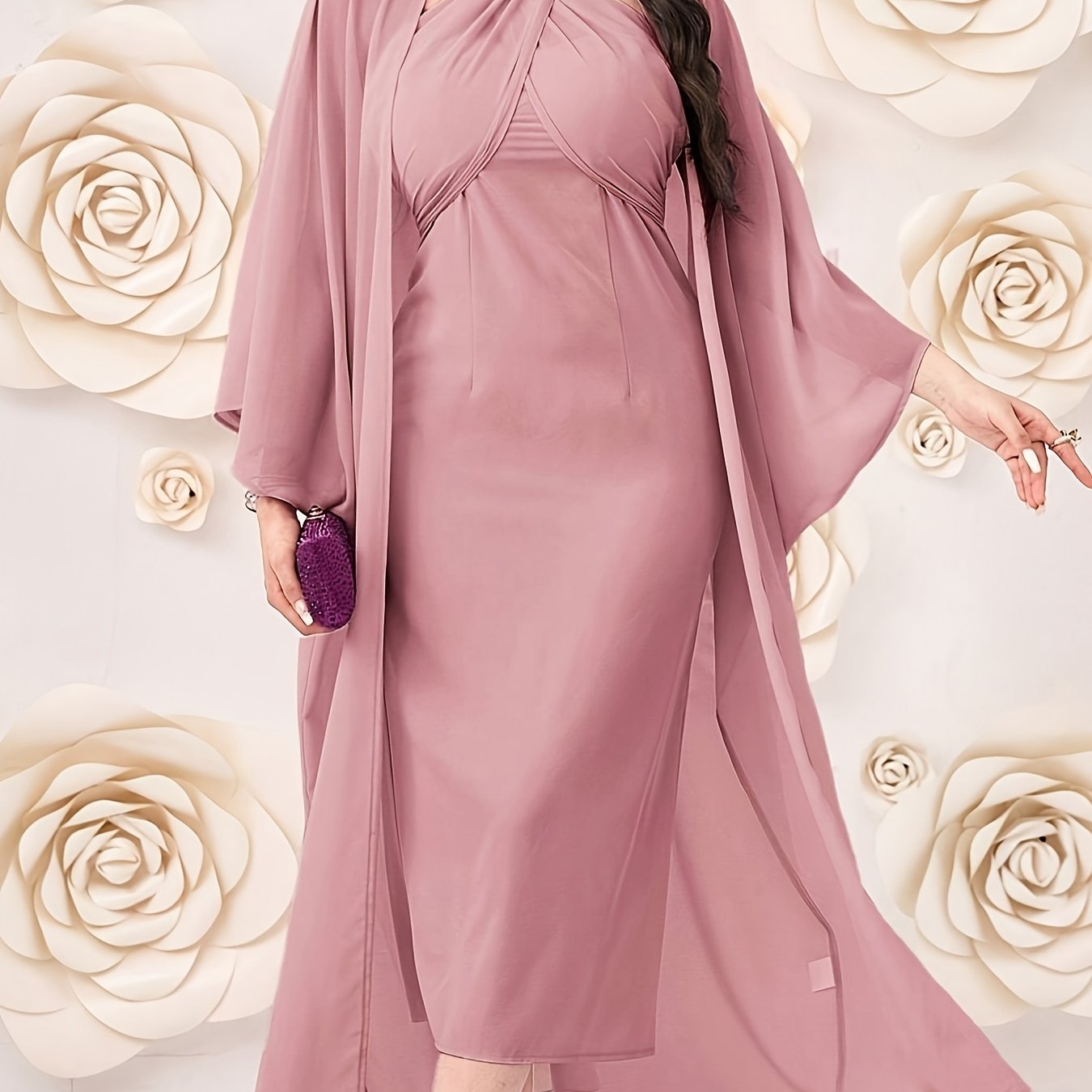 vlovelaw Elegant Solid Two-piece Dress Set, Cross Front Halter Dress & Open Front Kimono Outfits, Women's Clothing