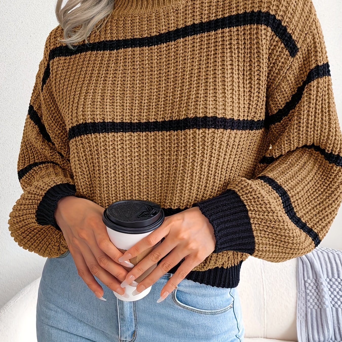 vlovelaw Striped Color Block Crew Neck Sweater, Casual Long Sleeve Loose Fall Winter Knit Sweater, Women's Clothing