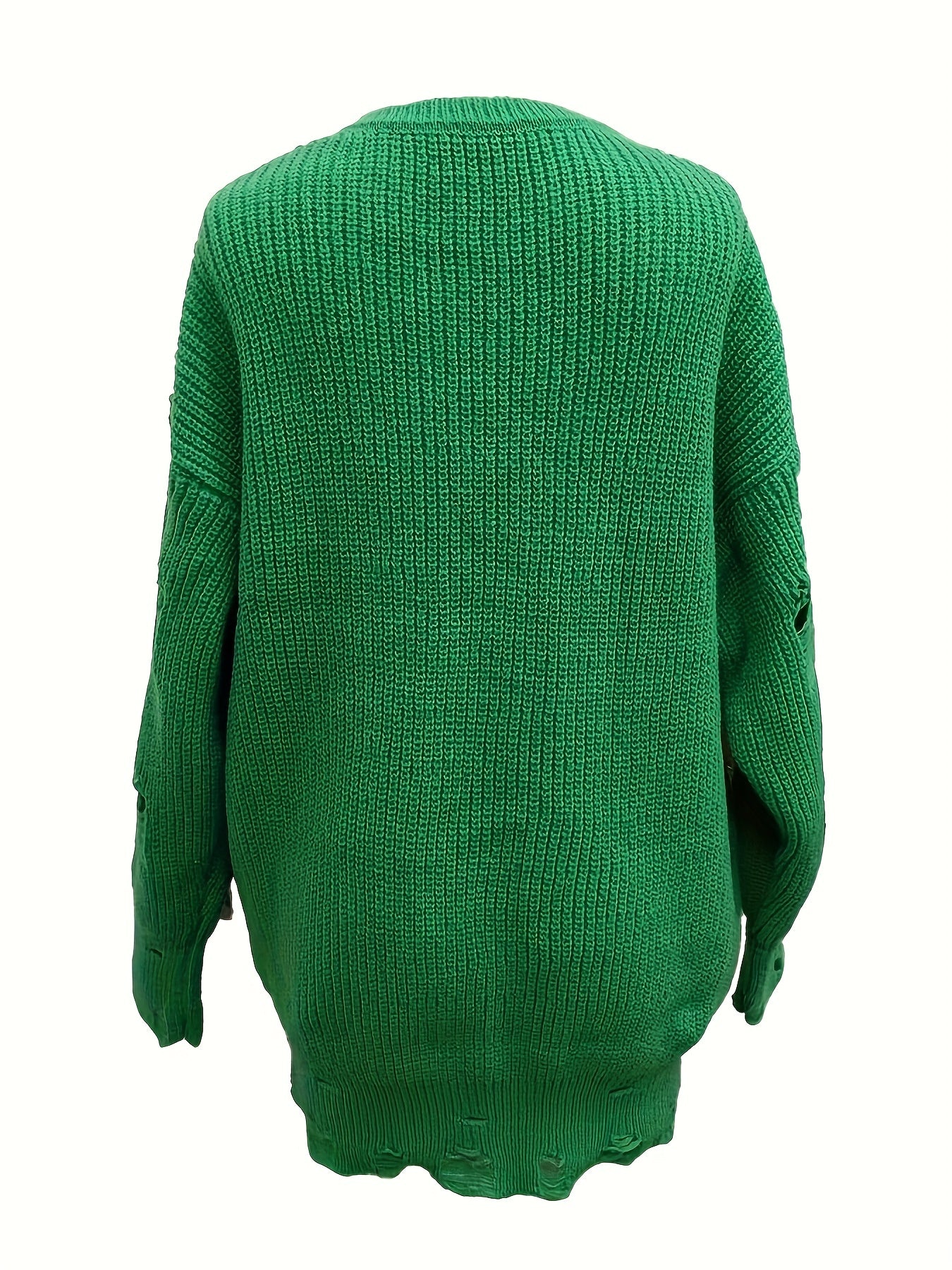 vlovelaw Solid Crew Neck Pullover Sweater, Casual Ripped Long Sleeve Oversized Sweater, Women's Clothing