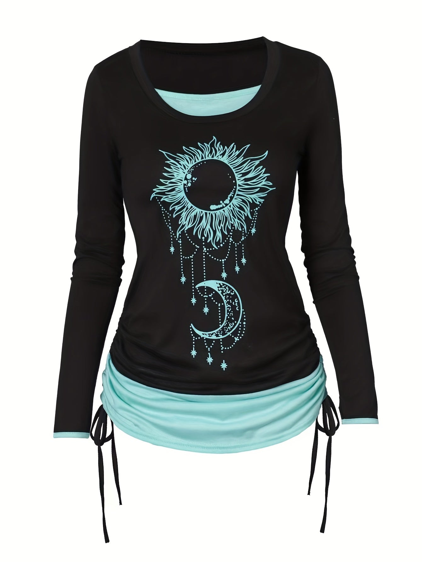 vlovelaw 2 In 1 Moon & Sun Print Side Tie T-Shirt, Casual Colorblock Ruched Long Sleeve T-Shirt, Women's Clothing