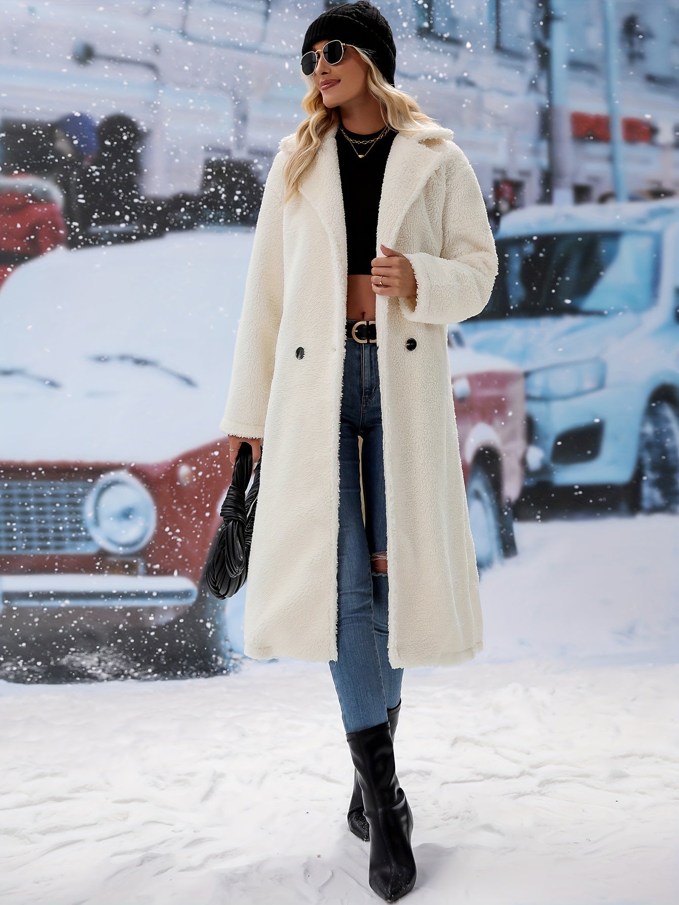 Solid Double Breasted Teddy Coat, Elegant Lapel Thermal Longline Coat For Fall & Winter, Women's Clothing