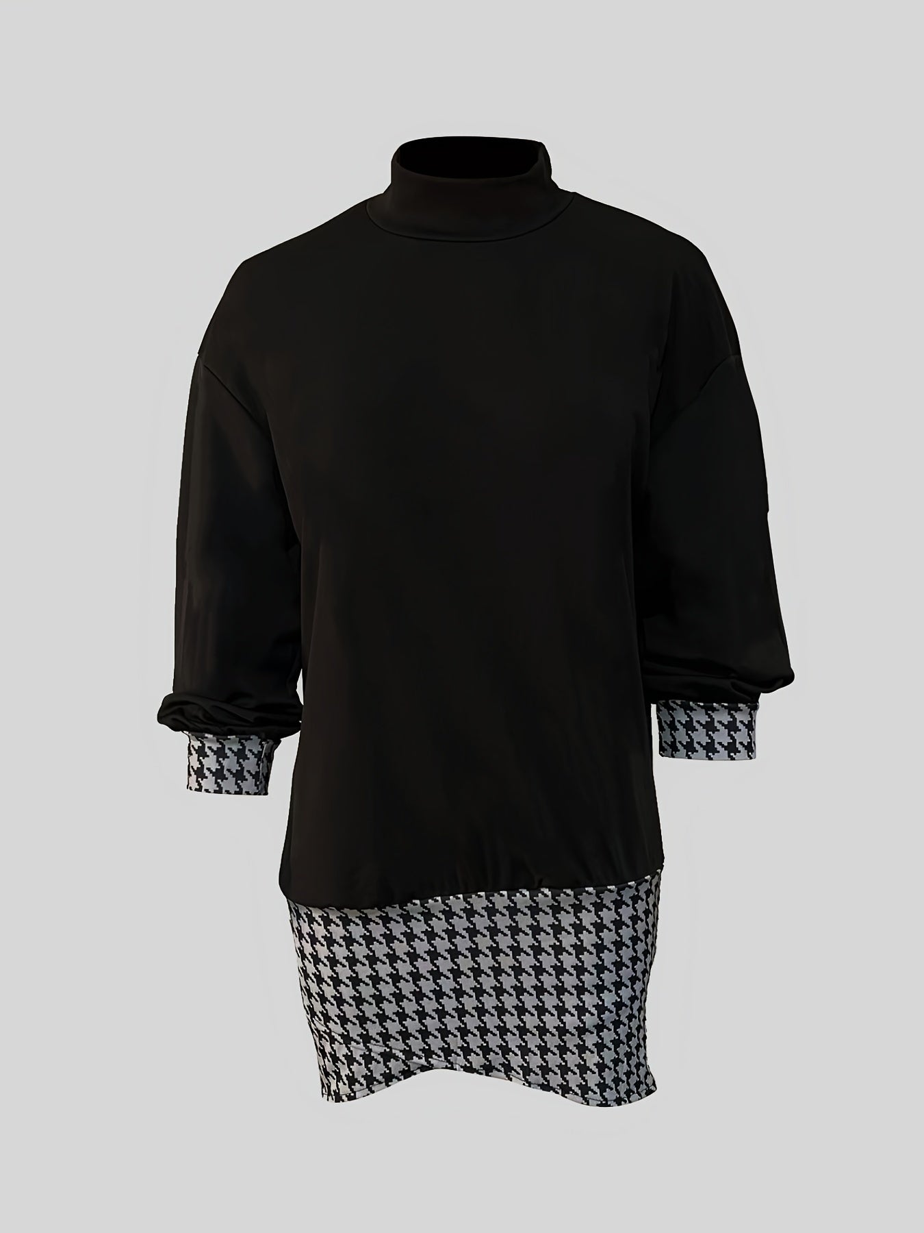 vlovelaw Houndstooth Asymmetrical High Collar Long Sleeve Dress, Elegant Autumn Bag Hip Stylish Dress, Women's Clothing
