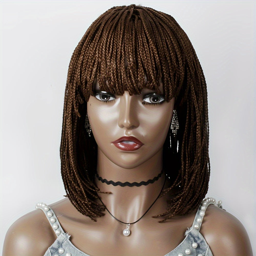 12 Inch Short Box Braid BoBo Wig - Synthetic Hair, Straight Style, Elastic Net Cap, Cornrow Braided Design, Bangs, Basics Style for African Women