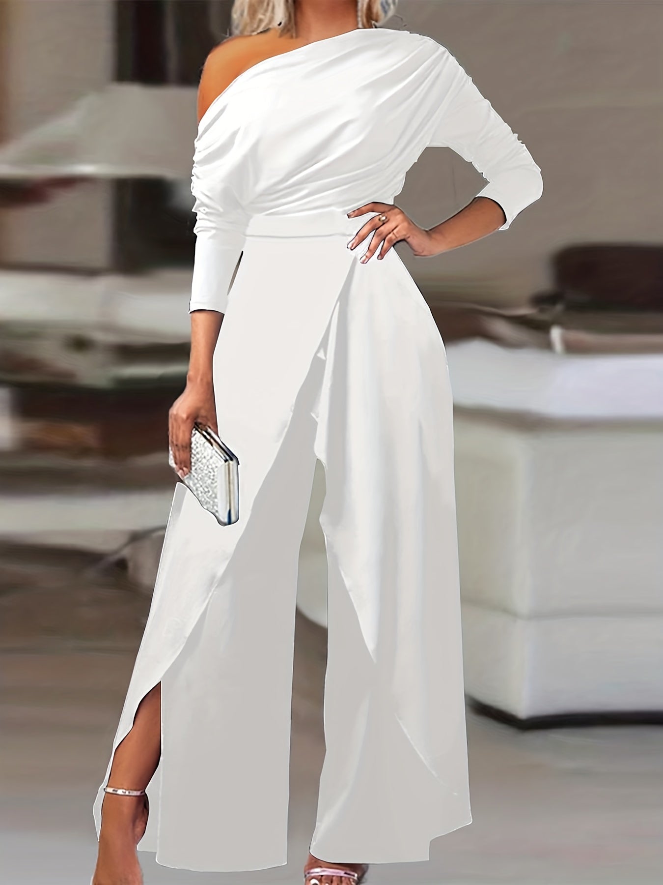 Ruched Split Jumpsuit, Casual Solid Long Sleeve Wide Leg Jumpsuit, Women's Clothing